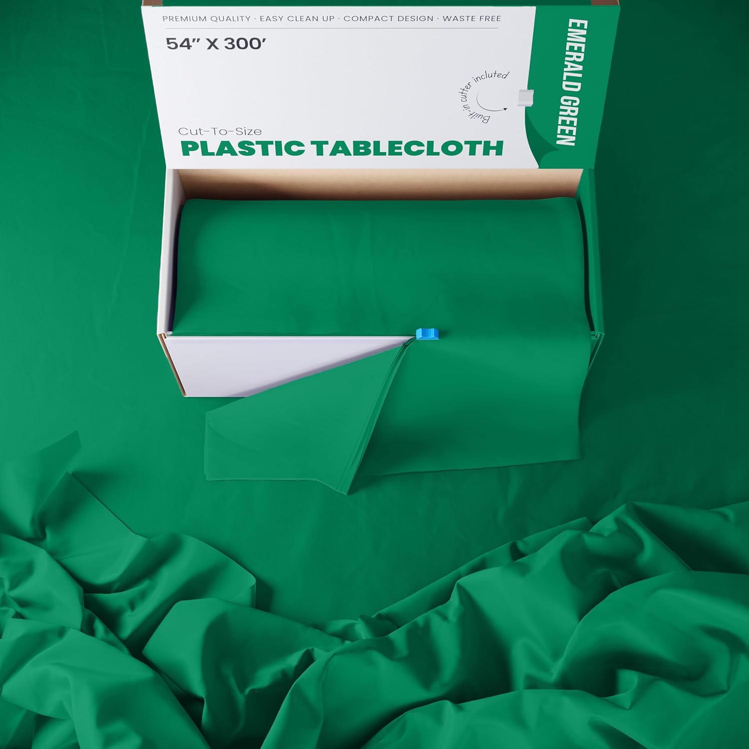 Exquisite Emerald Green 54x300 Plastic Table Cover Roll with Slide Cutter