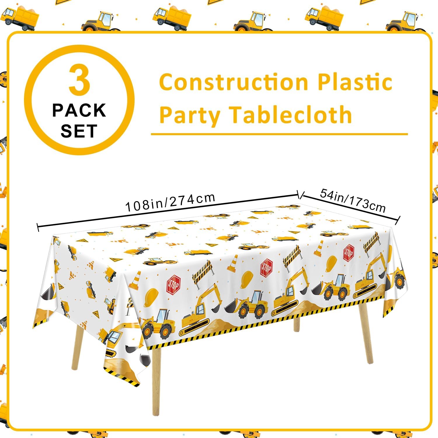 3 Pack Construction Themed Tablecloths 54 x 108 Inches