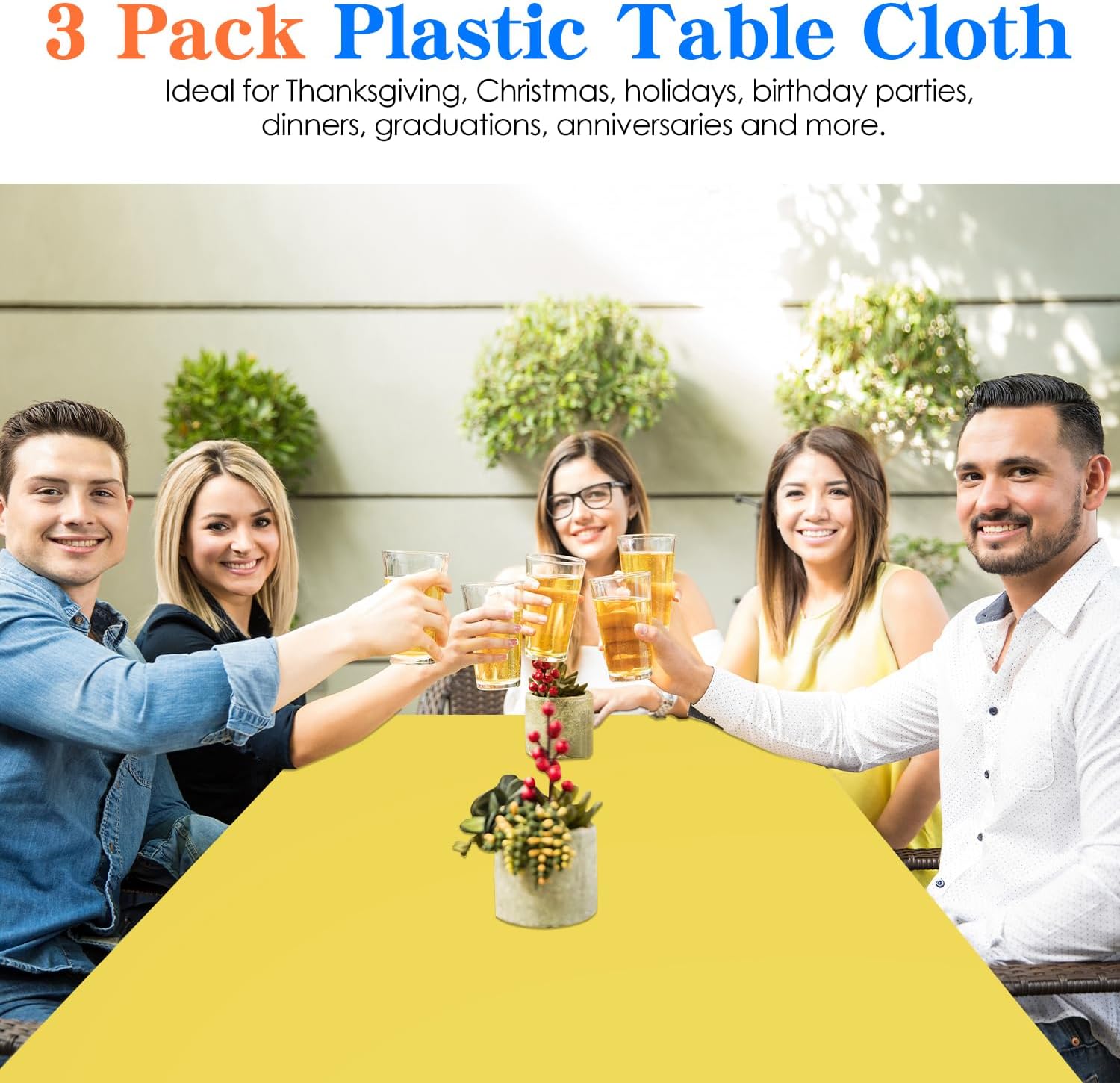 3 Pack Yellow Plastic Tablecloths for Parties 54x108 Inch Rectangular Table Covers