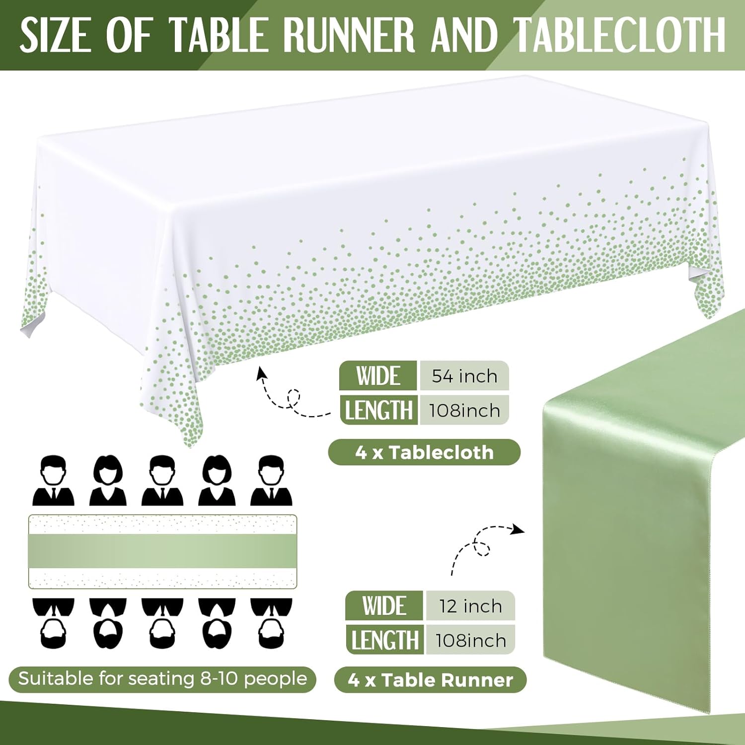 Breling 8 Pack White Sage Green Tablecloths and Table Runner Set