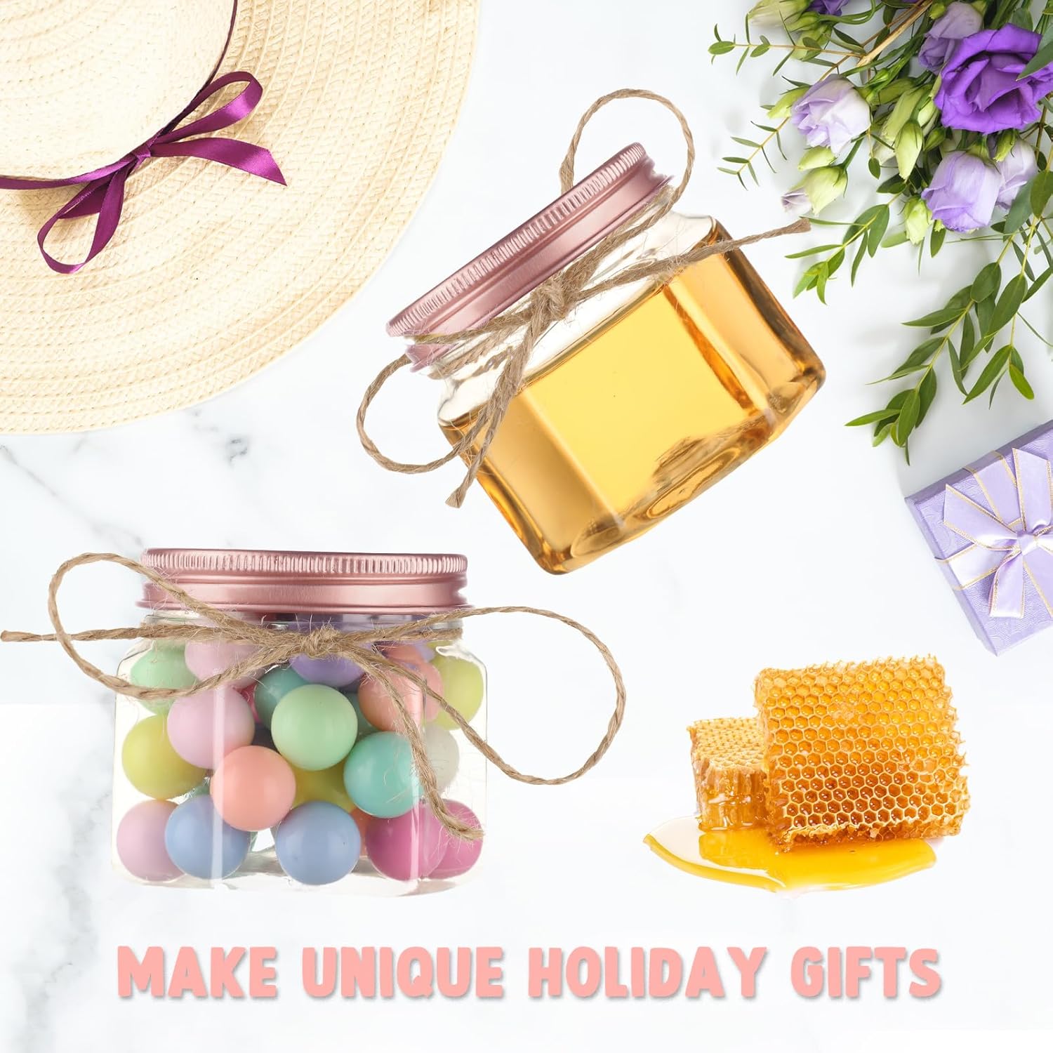 Dandat 50 Pcs 3 Oz Hexagon Plastic Jars With Rose Gold Lids