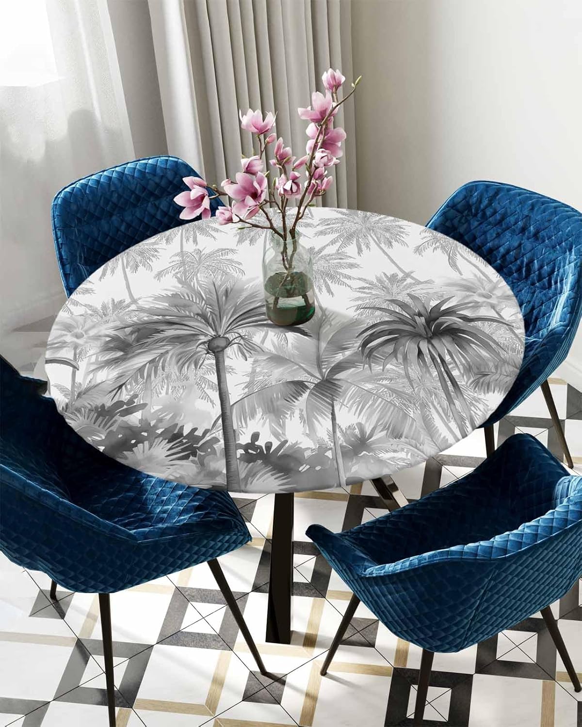 Grey Palm Tree Round Waterproof Table Cover Fitted Tablecloth