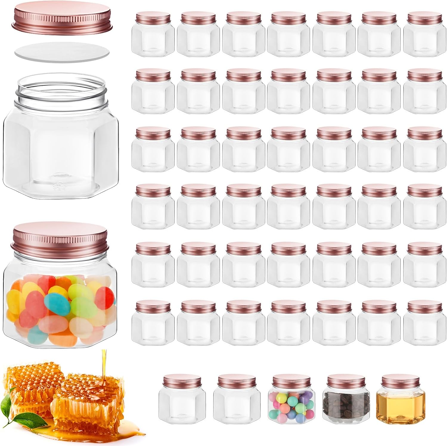 Dandat 50 Pcs 3 Oz Hexagon Plastic Jars With Rose Gold Lids
