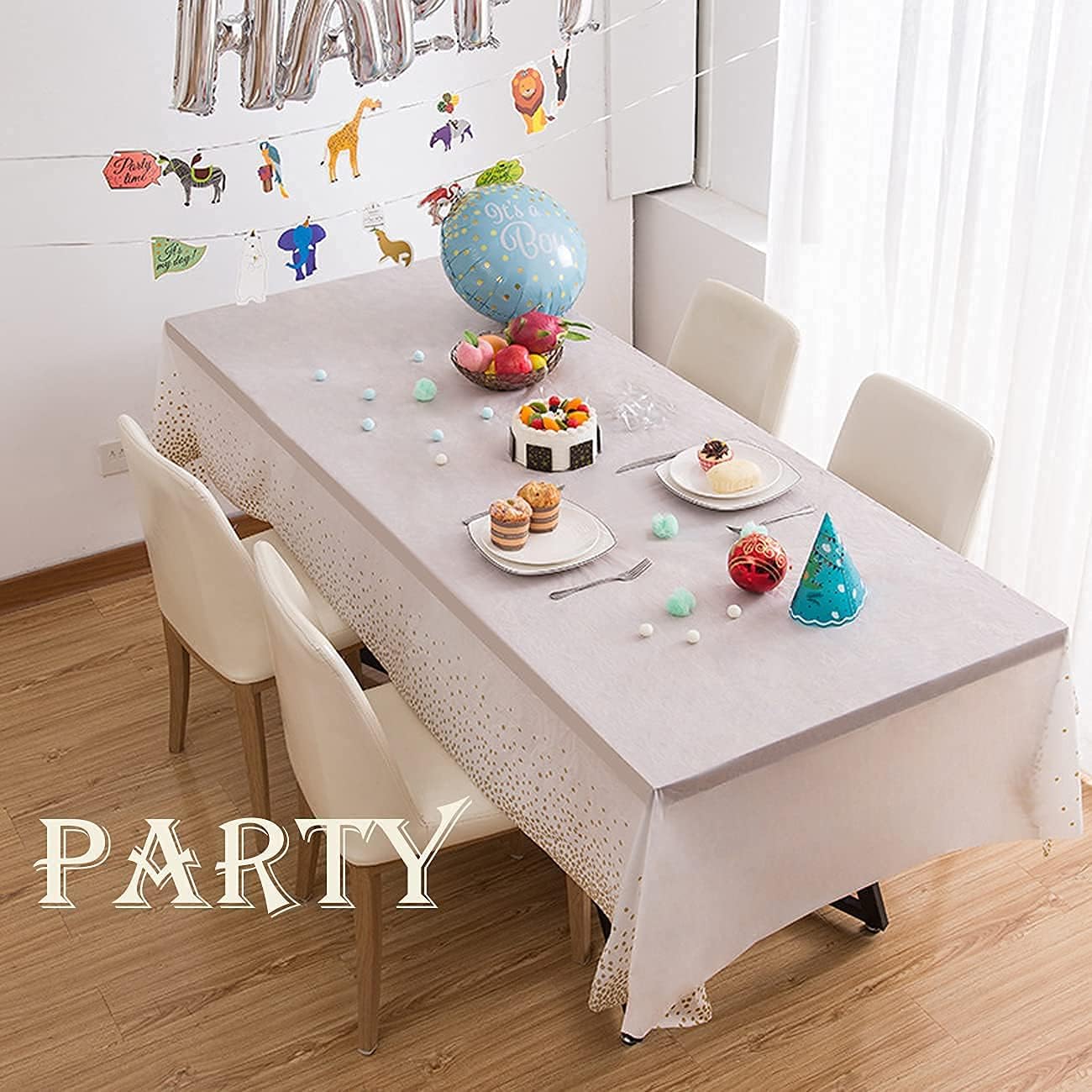 2 Pack White Gold Plastic Tablecloths for 54x108 Tables