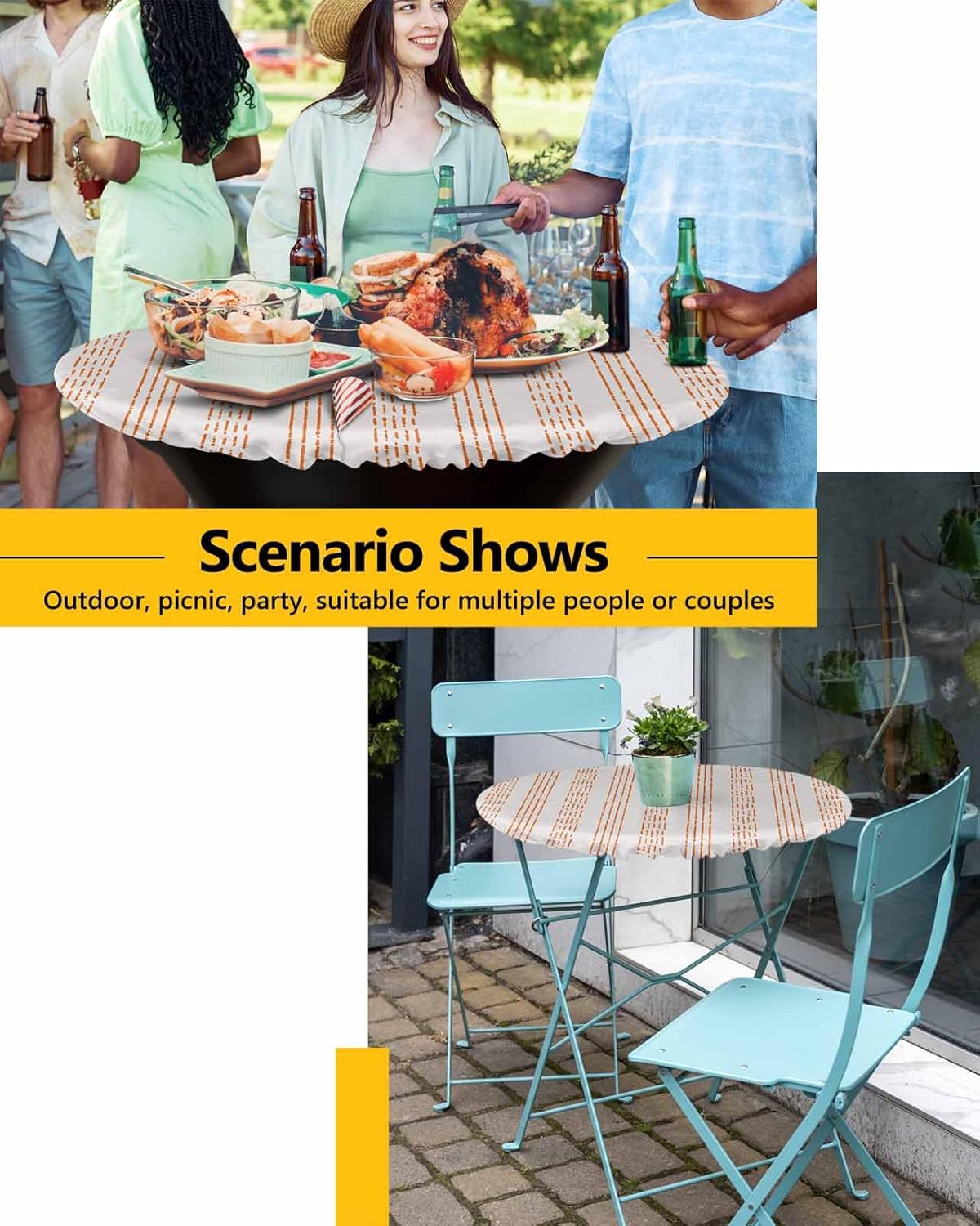 Geometric Orange Round Waterproof Table Cover Fitted Elastic Tablecloth for Indoor Outdoor Use