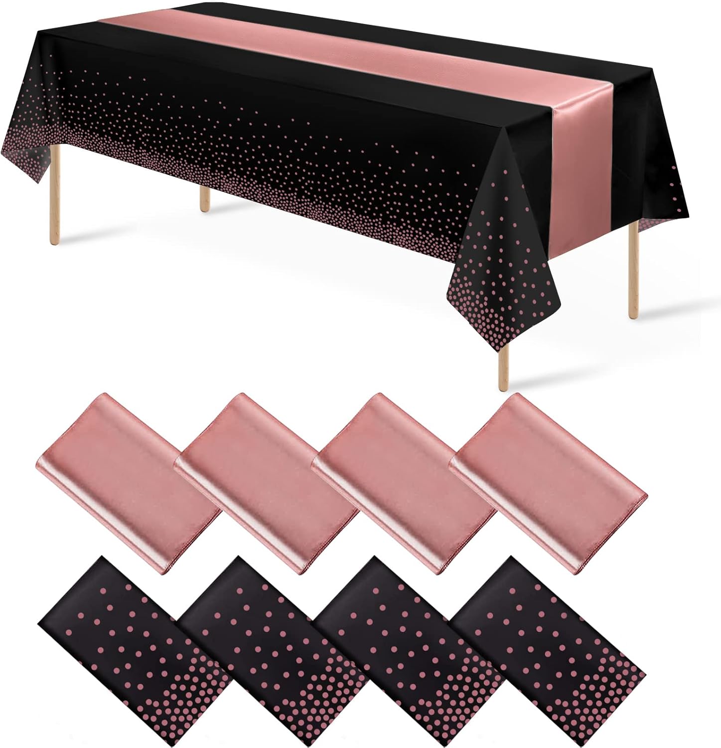 8 Pack Disposable Plastic Tablecloths and Satin Table Runner Set Black Rose Gold Dot Wedding Party Decor