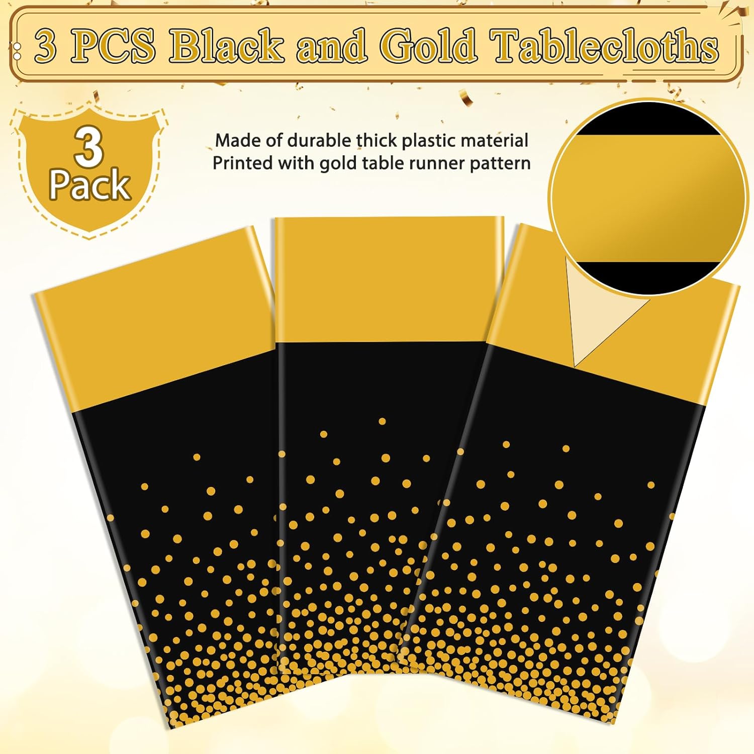 3Pcs Black and Gold Tablecloth Party Decorations