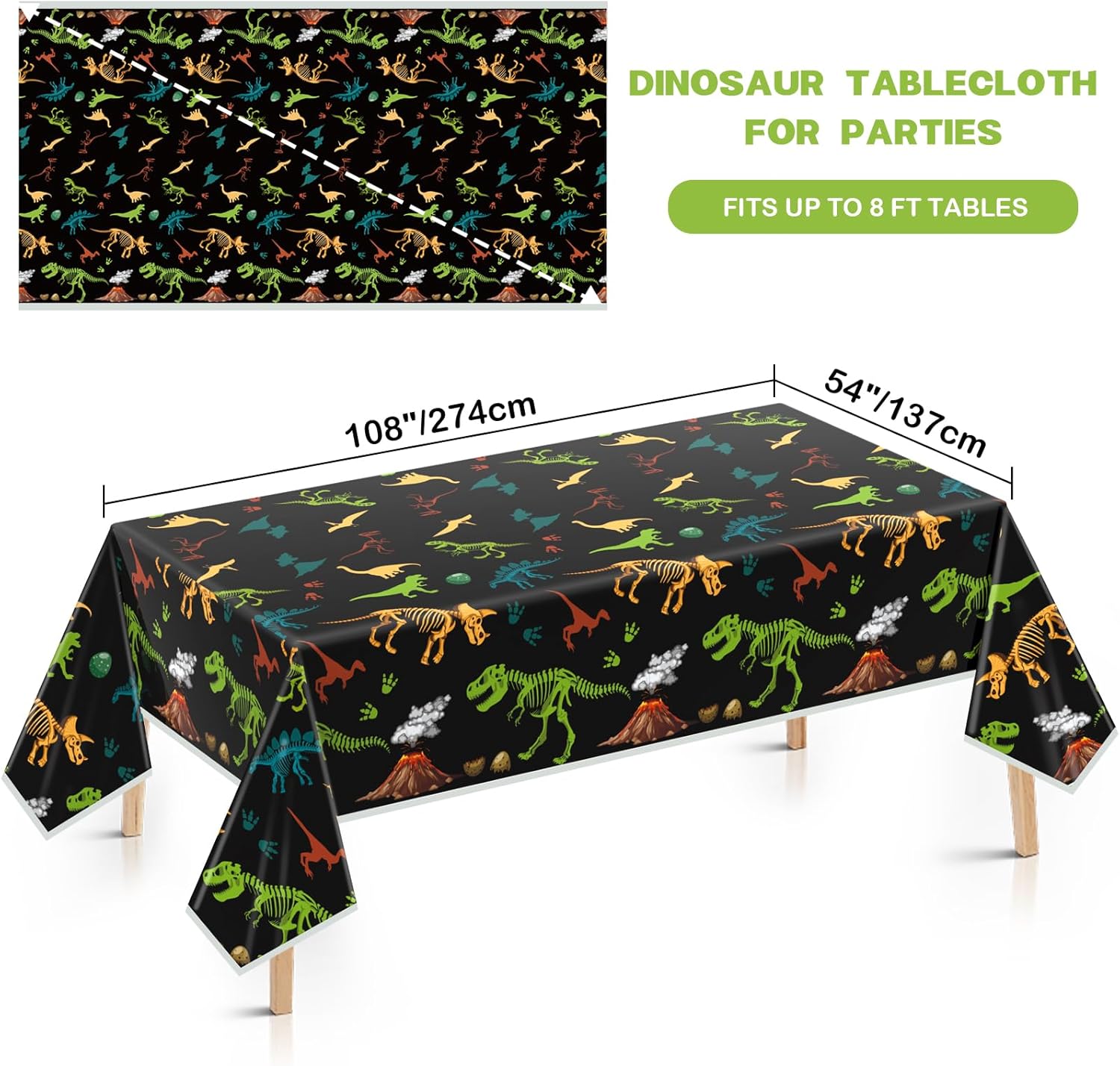 2 Pack Dinosaur Tablecloth 54x108 Inch Waterproof Dino Party Cover for Kids Boy Birthday Decorations