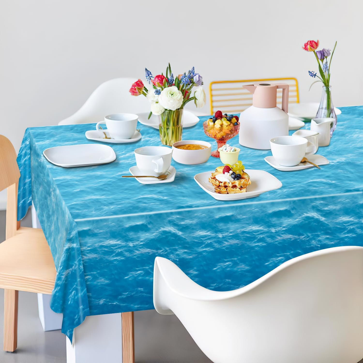 3 Piece Ocean Waves Tablecloth 54x108 Inch Water Print Plastic Table Cover for Beach Pool Party Decor
