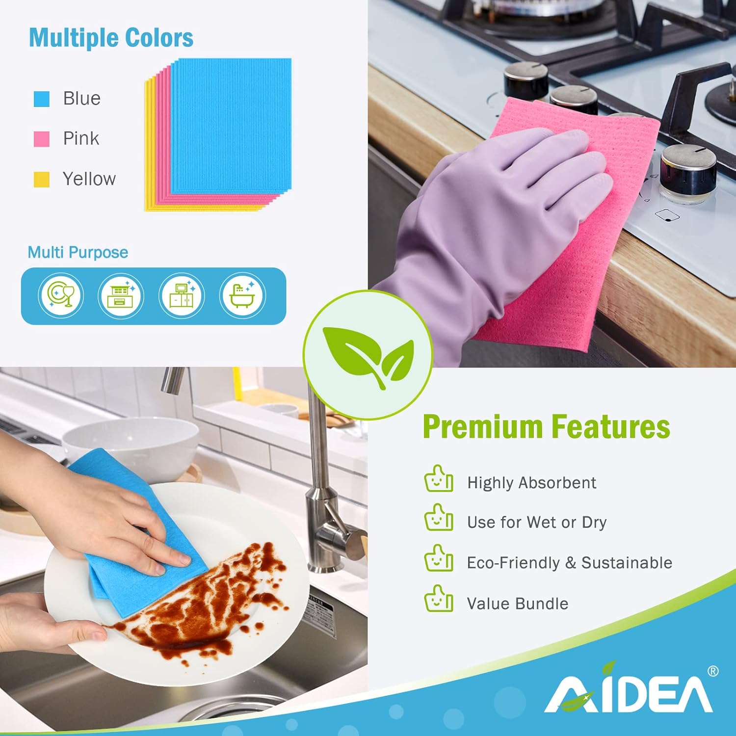 AIDEA Swedish Dish Cloths 20 Pack Reusable Kitchen Towels