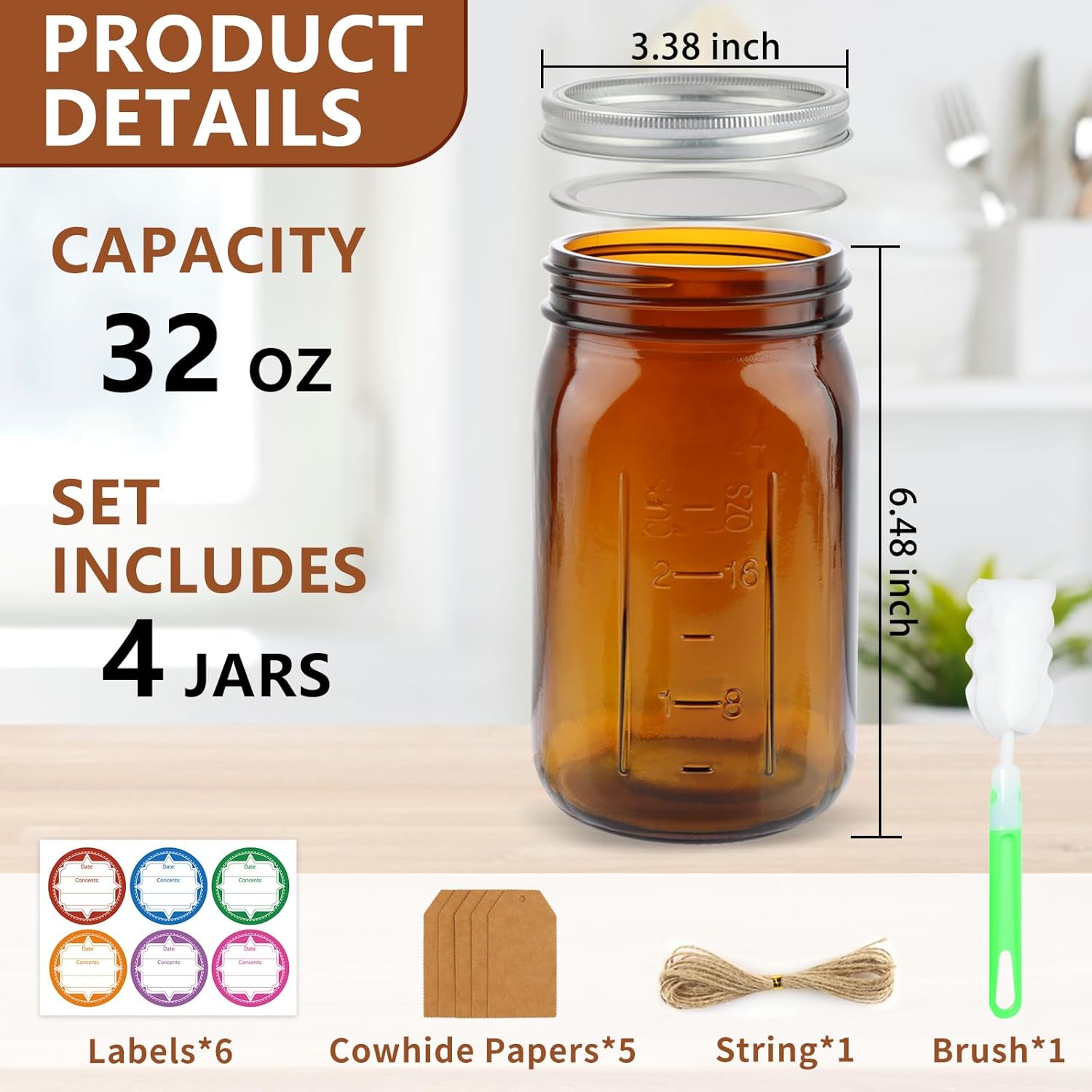 CARBLIN 4 Pack 32 Oz Amber Canning Jars with Airtight Lids