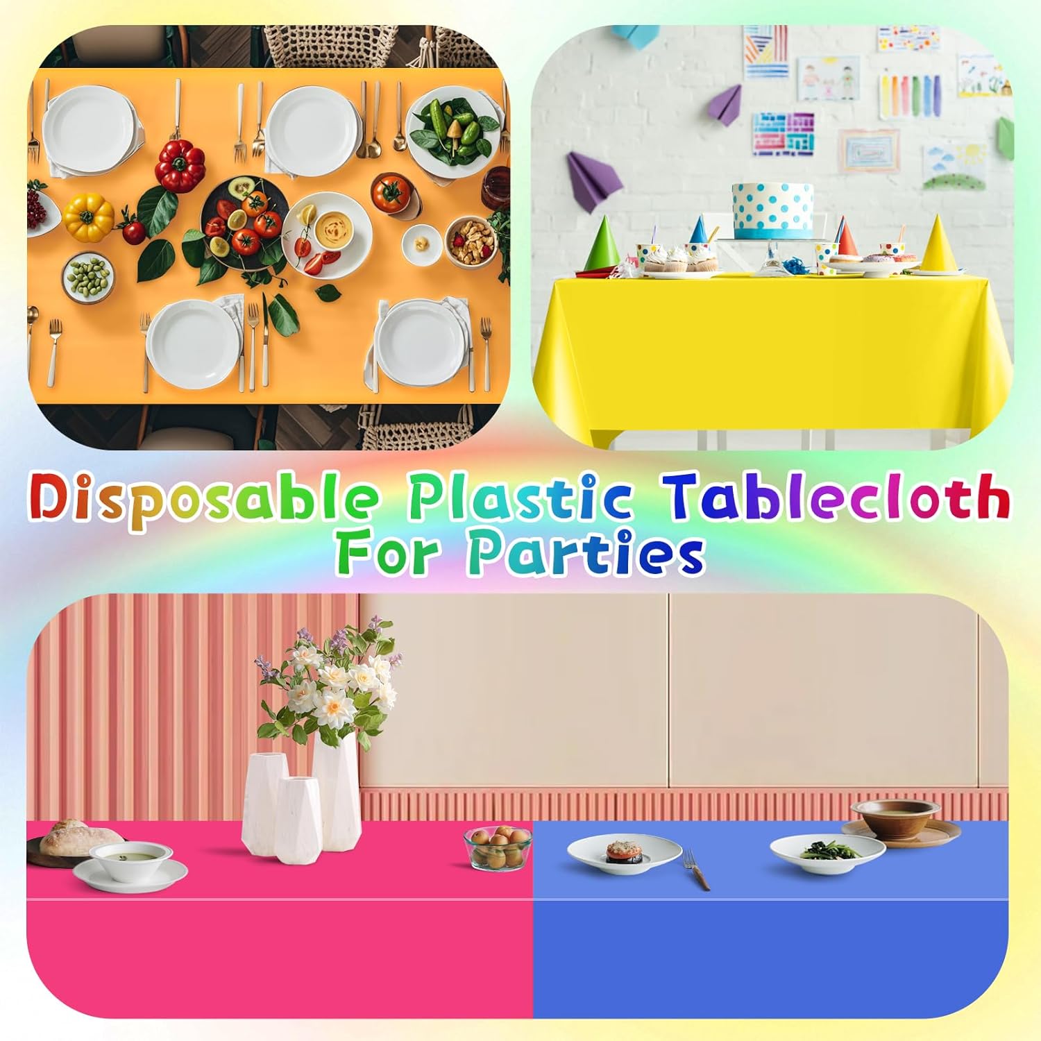 6Pcs Neon Plastic Table Cloths Set Rainbow 54x72 Inch Disposable Table Covers
