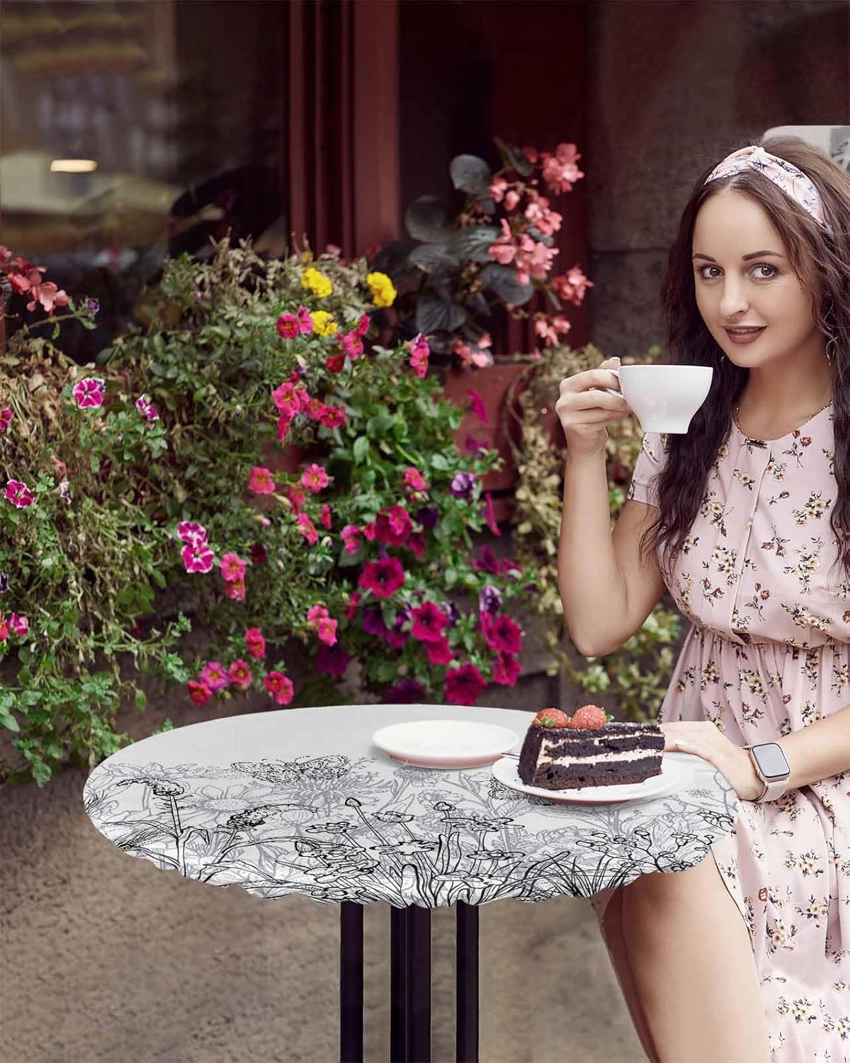 Gray White Floral Round Waterproof Table Cover 55-60 Inch Fitted Elastic Tablecloth for Indoor Outdoor Use