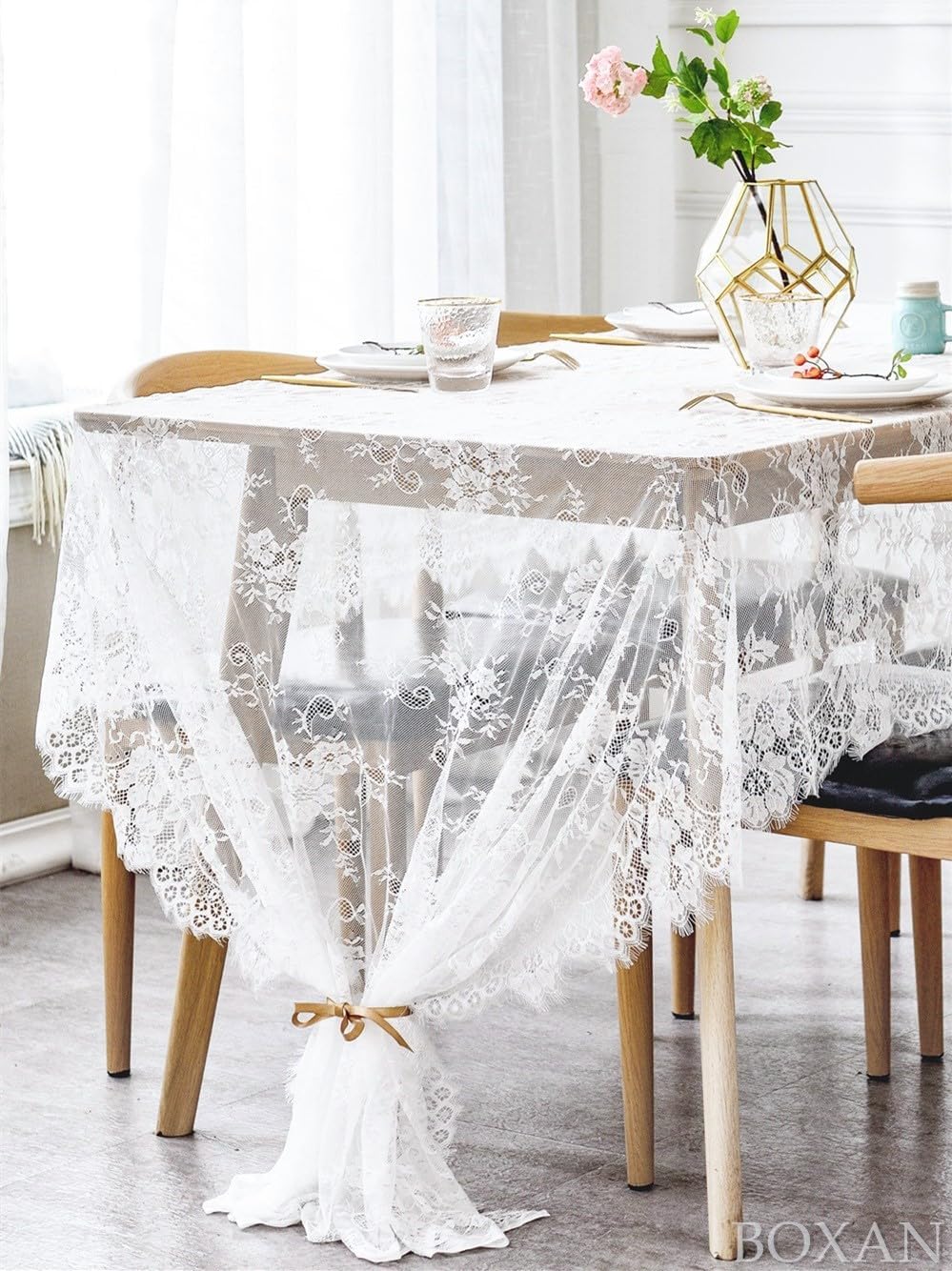 BOXAN 60x120 Inch White Lace Tablecloth Overlay