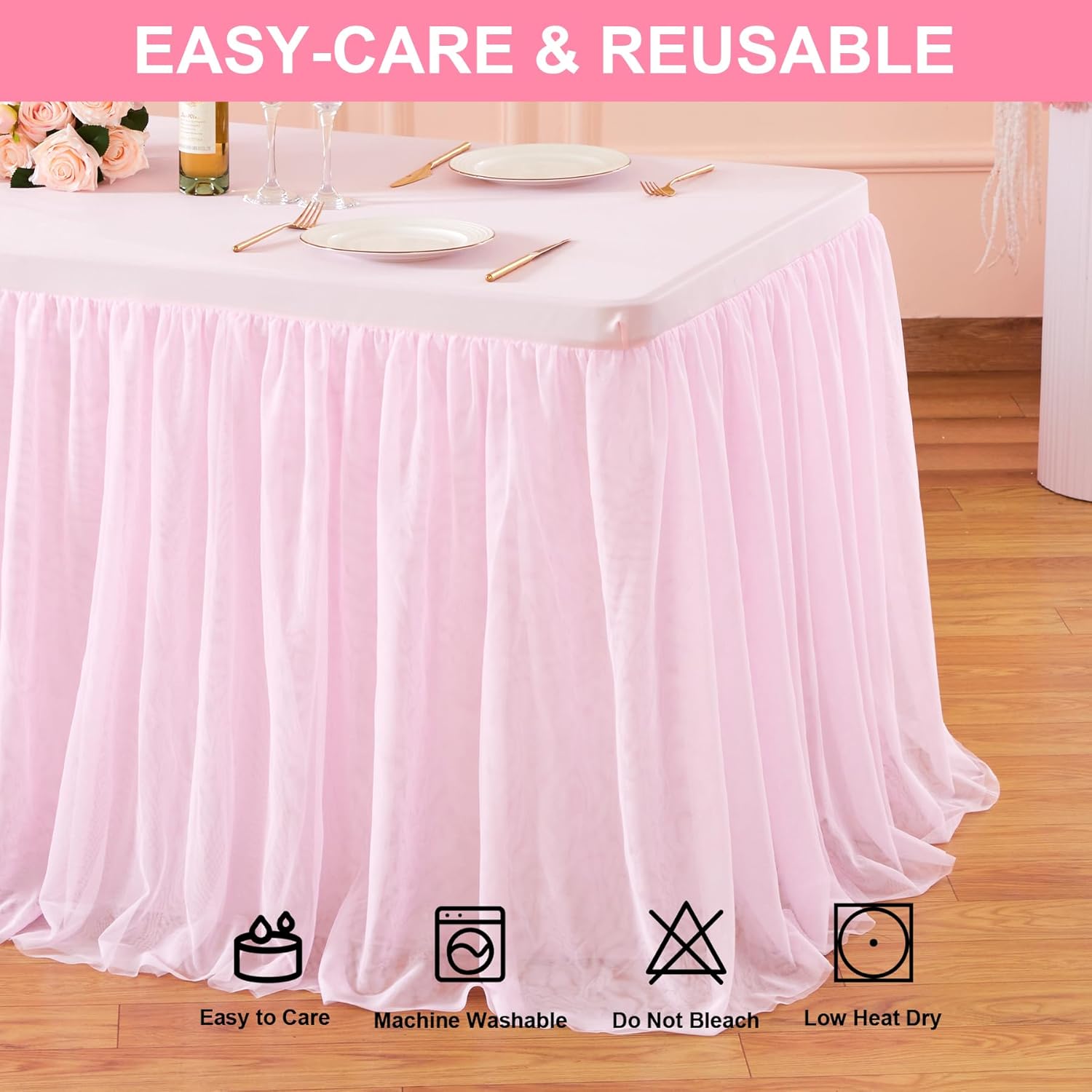 1 Pack Pink Table Cloth for Rectangle Tables 6FT Tulle Table Skirt Stretch Fitted Table Cover