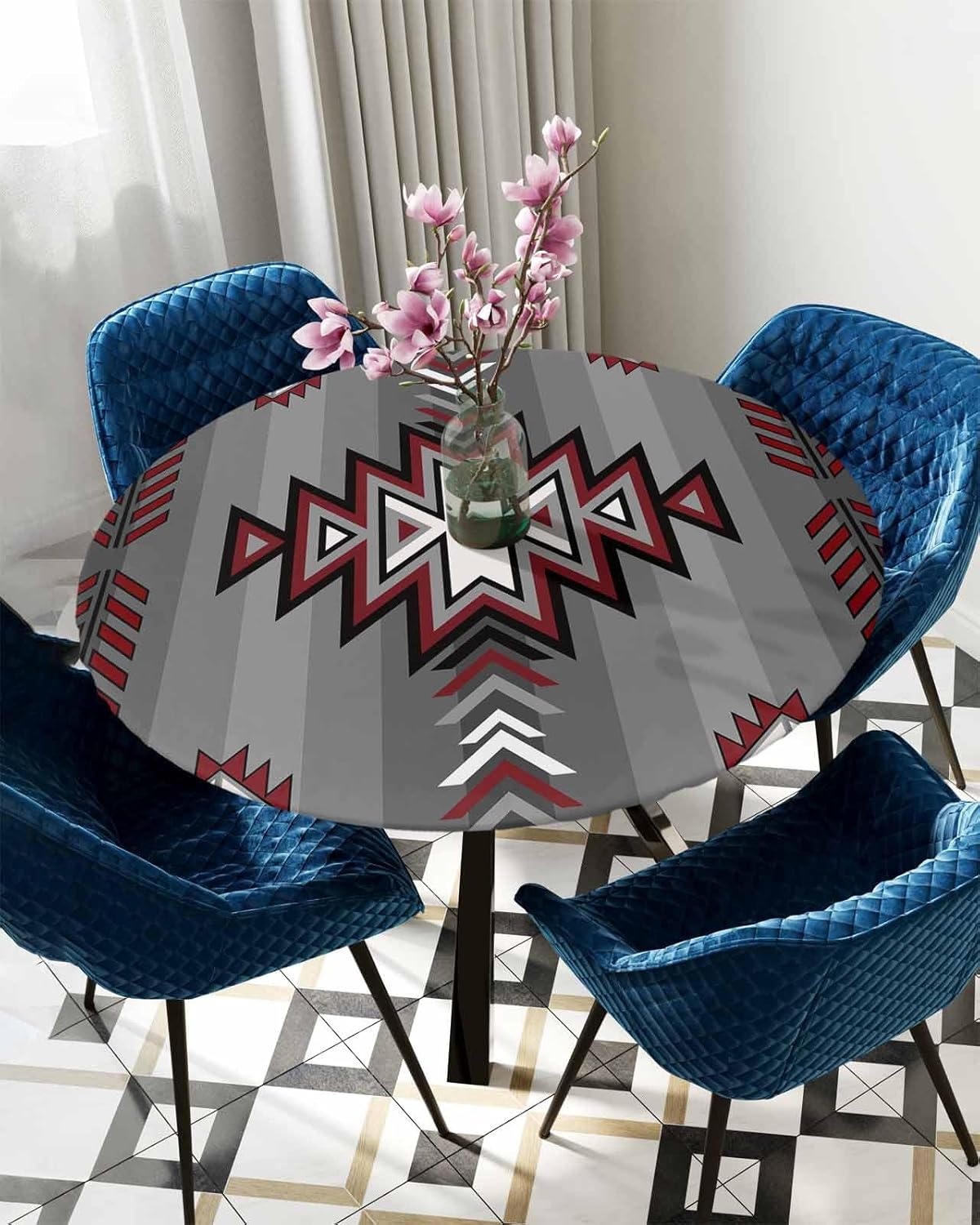 Red Grey Aztec Round Waterproof Table Cover
