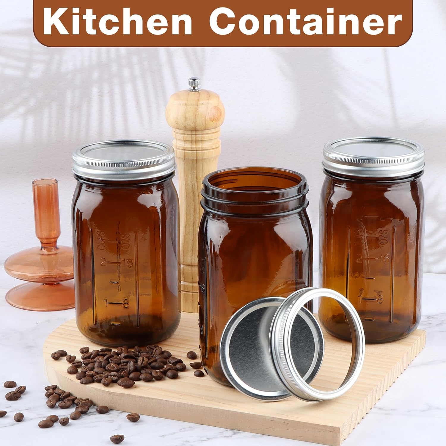 CARBLIN 4 Pack 32 Oz Amber Canning Jars with Airtight Lids