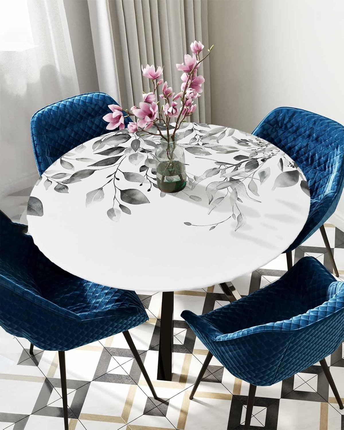 Gray Eucalyptus Round Waterproof Table Cover Fitted Tablecloth