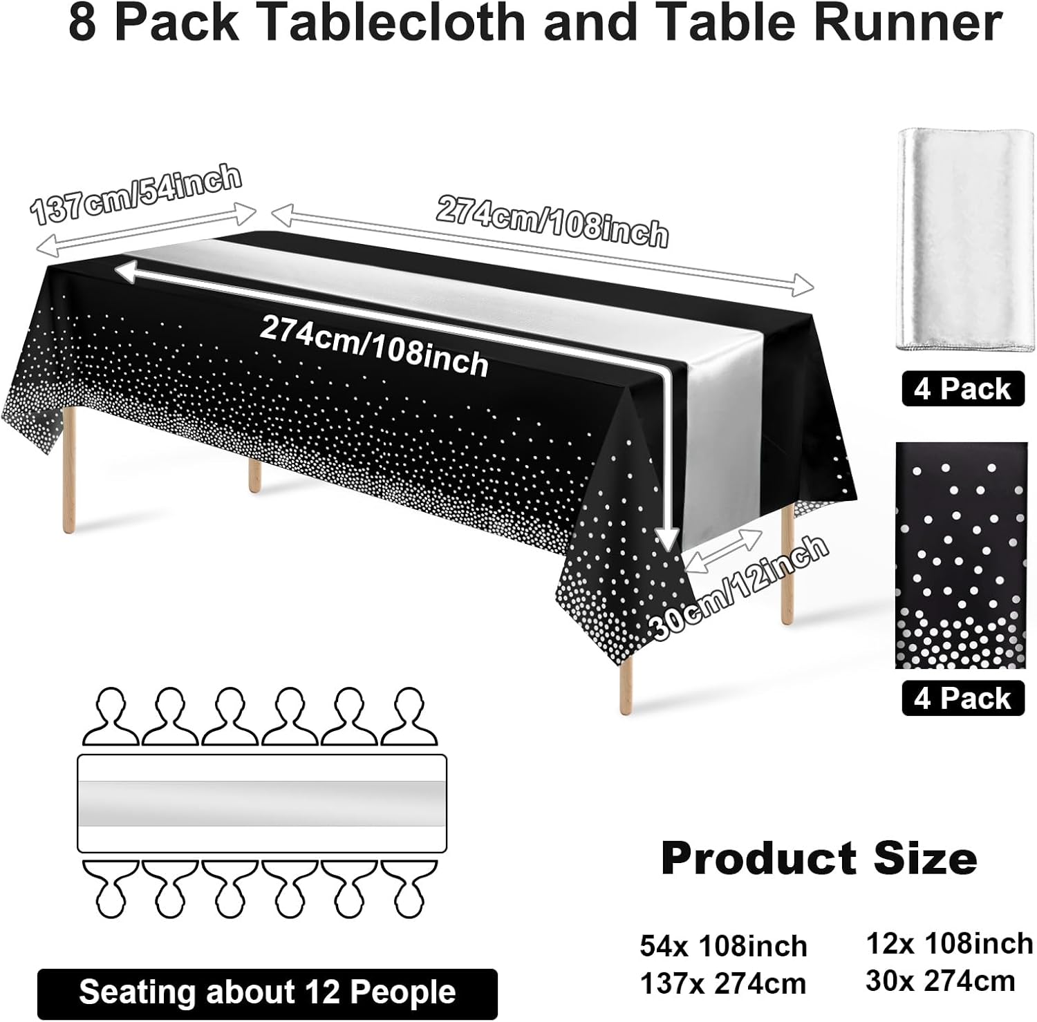 8Pack Black Silver Dot Tablecloths and Satin Runner Set for Events