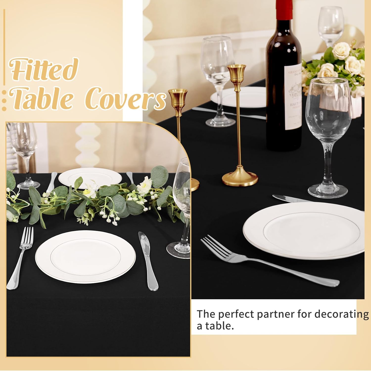 3 Pack Black Tablecloths 6ft Rectangle Spandex Stretch Fitted