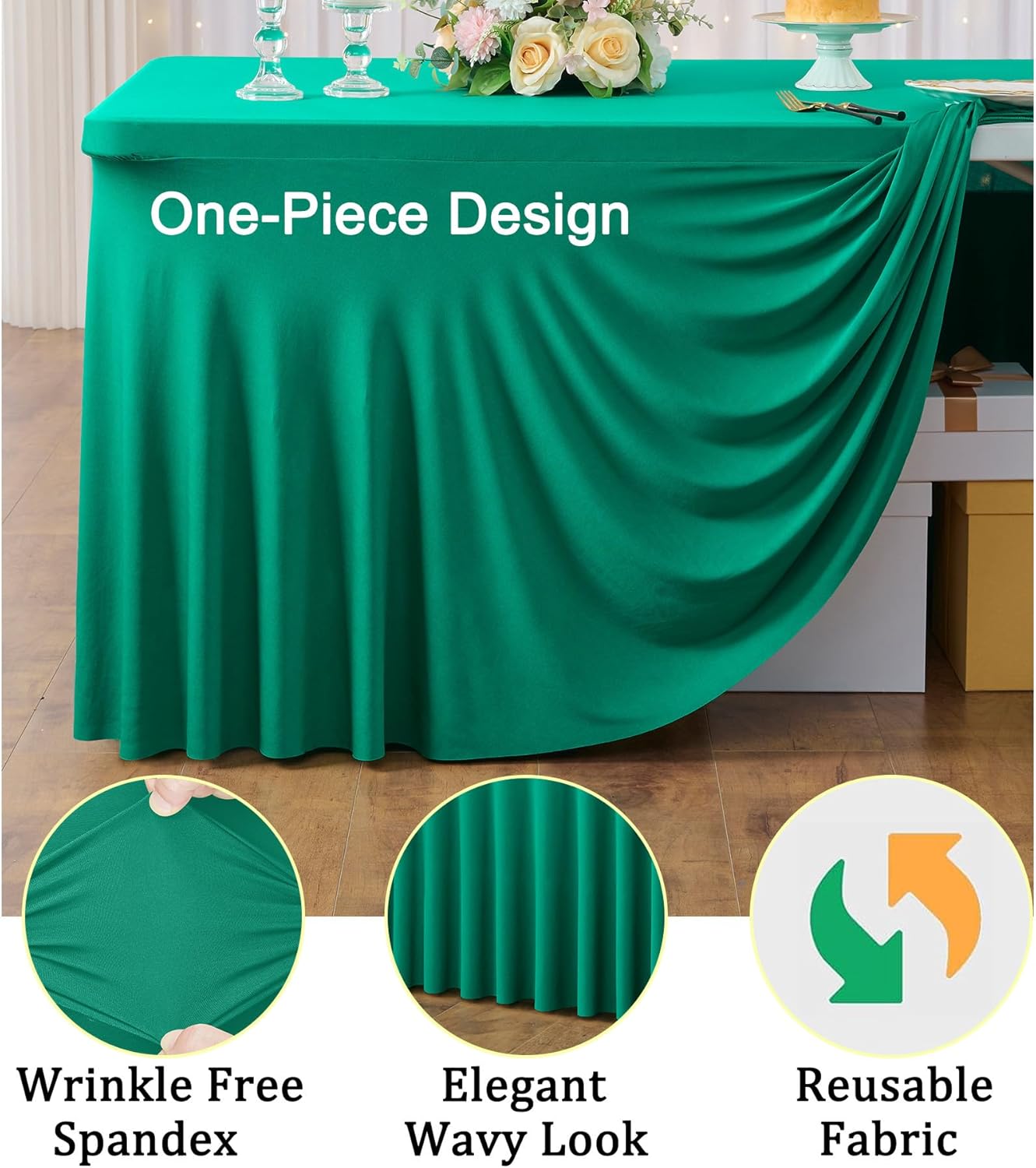 4 Pack Emerald Green Spandex Tablecloths for 6 Foot Tables