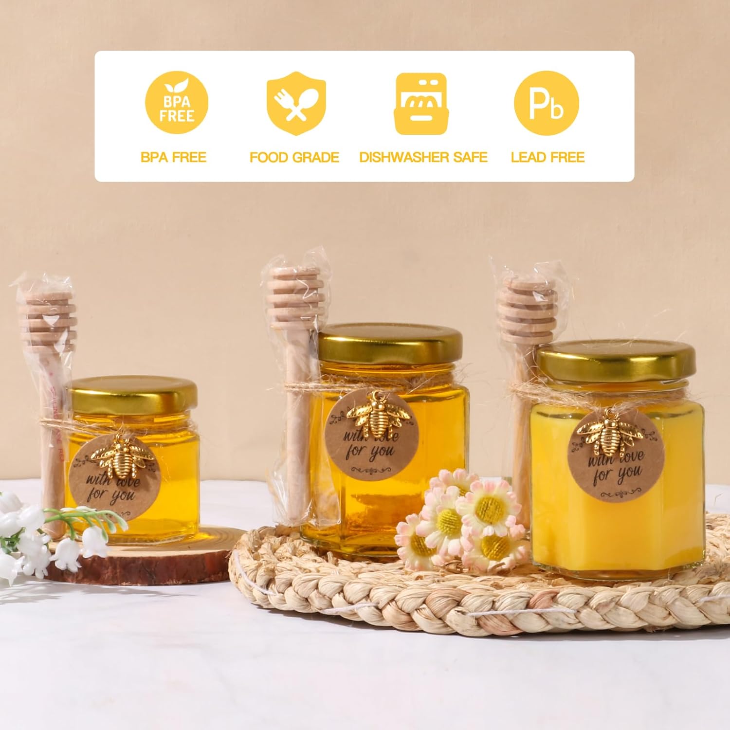 30 Pack 3 oz Mini Honey Jars with Dipper and Labels