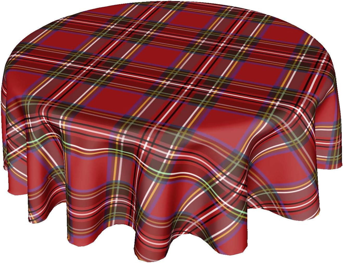 60 Inch Red Christmas Round Tablecloth with Buffalo Plaid Design