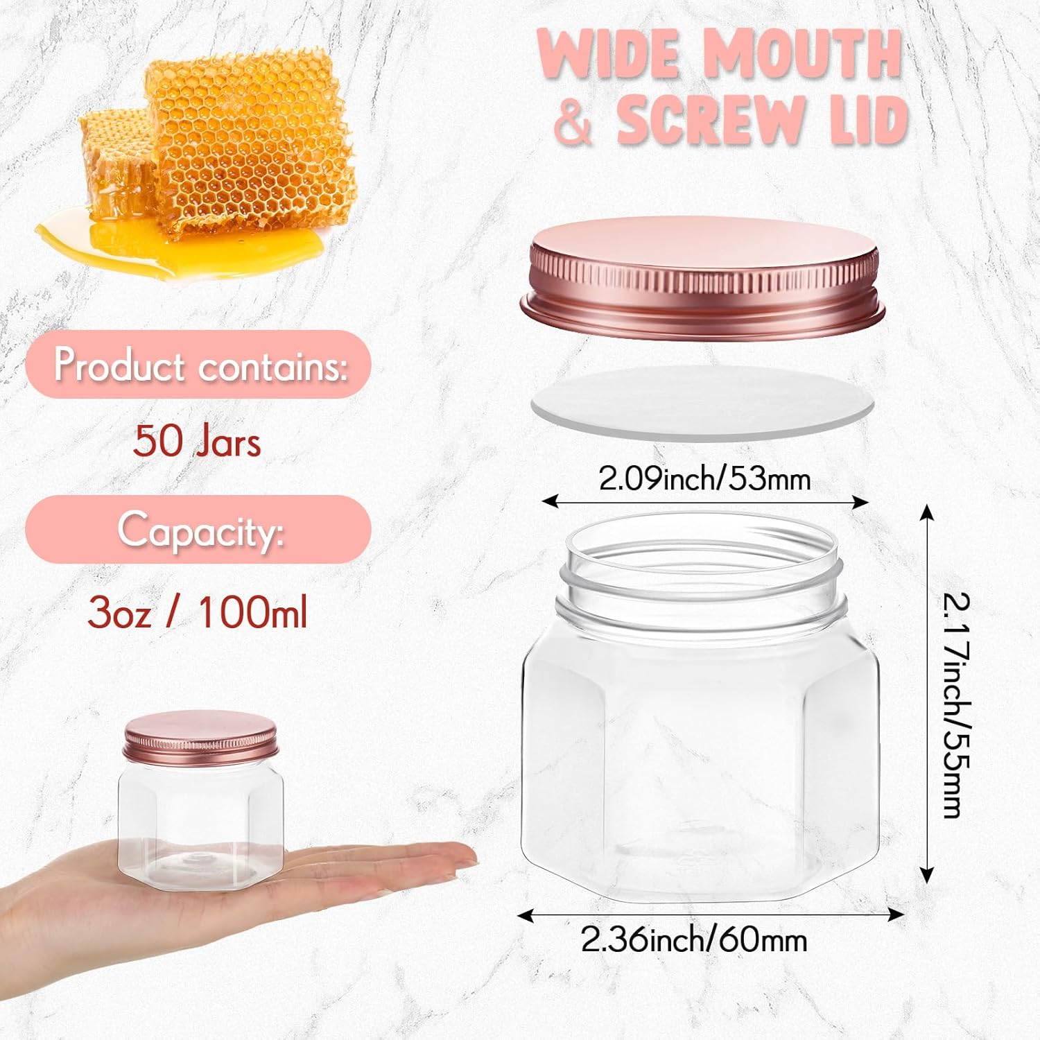 Dandat 50 Pcs 3 Oz Hexagon Plastic Jars With Rose Gold Lids
