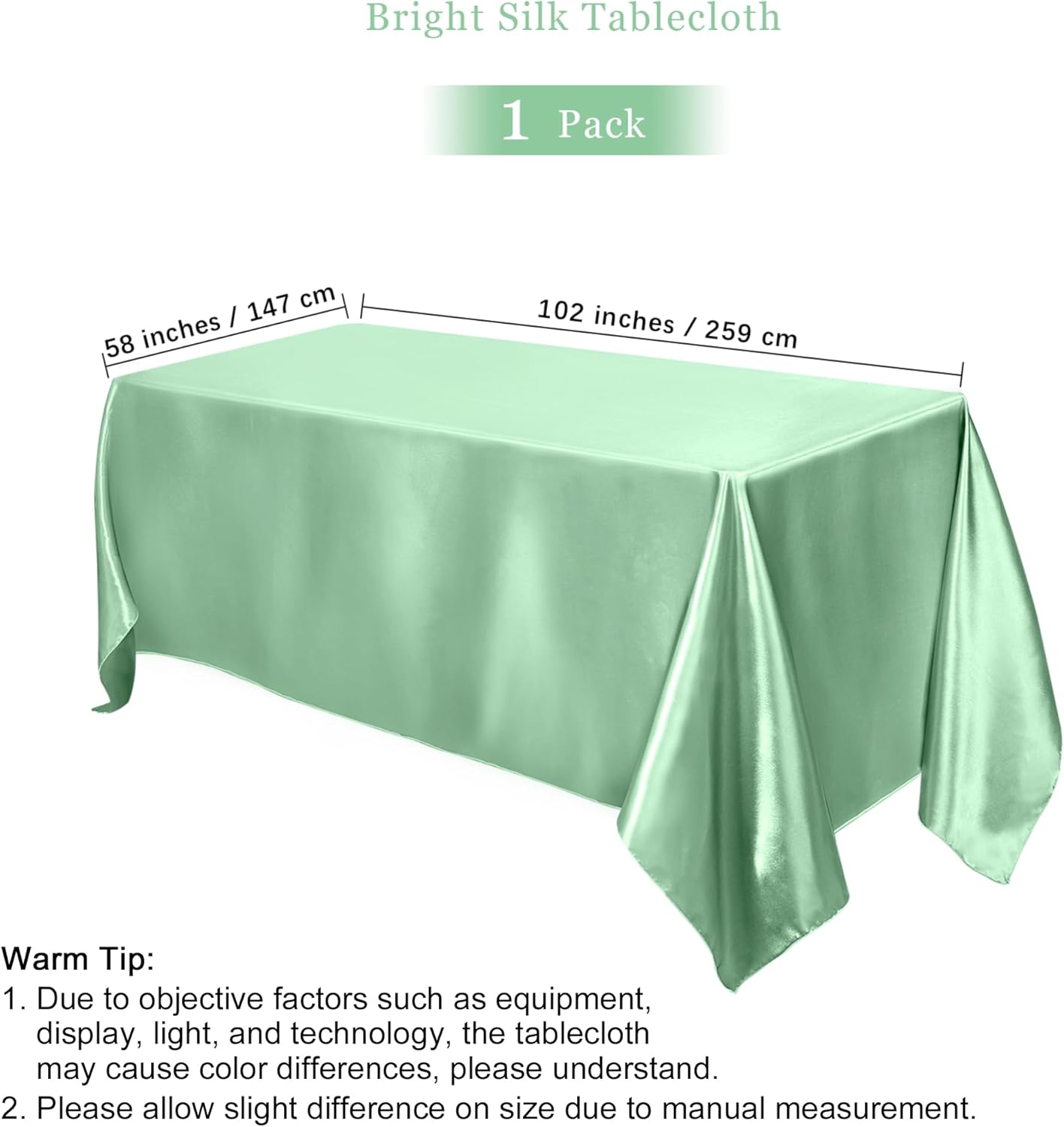 TURSTIN Sage Green Sateen Tablecloth 102x58 Inch Overlay Table Cover