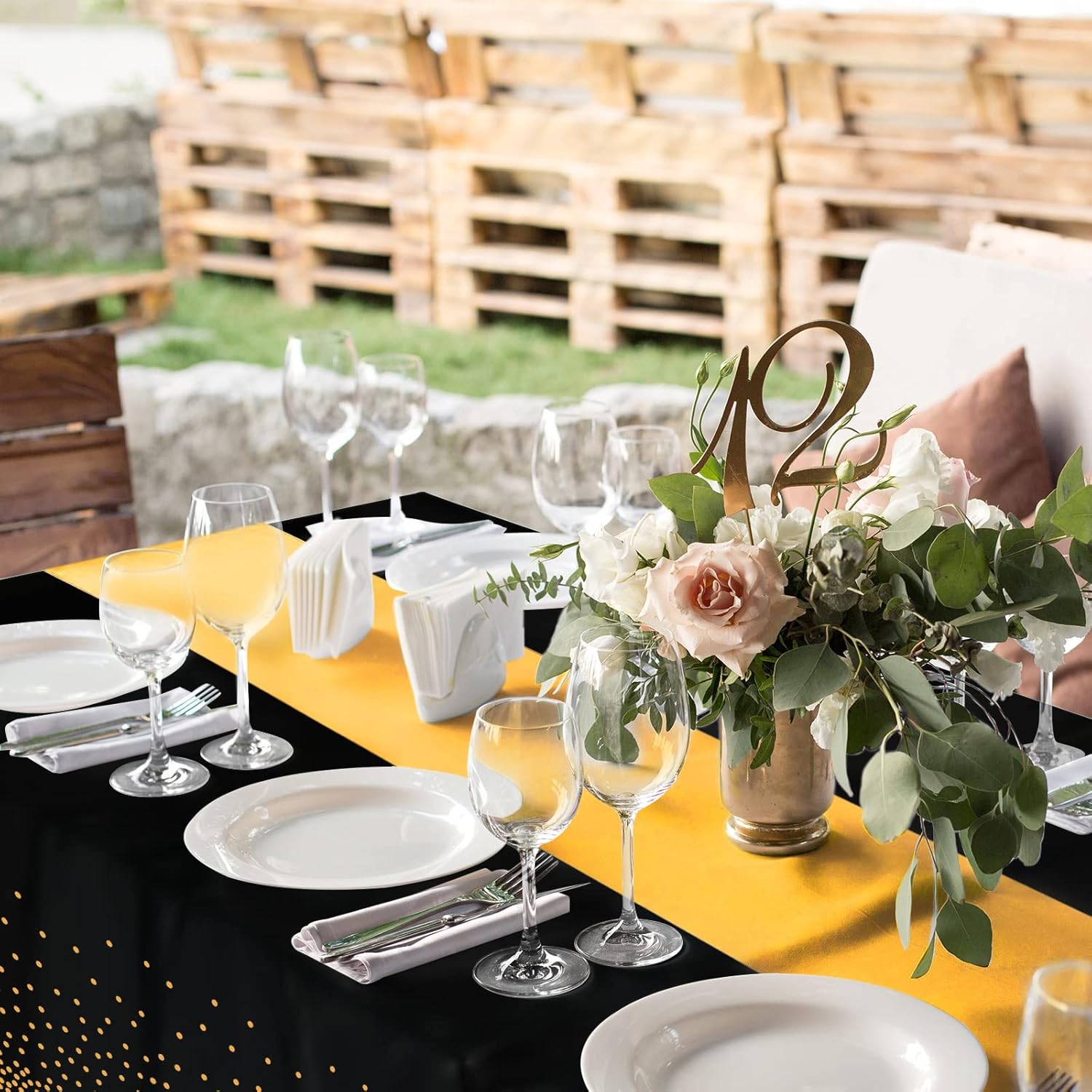 24Pack Black Gold Dot Tablecloths and Satin Table Runner Set