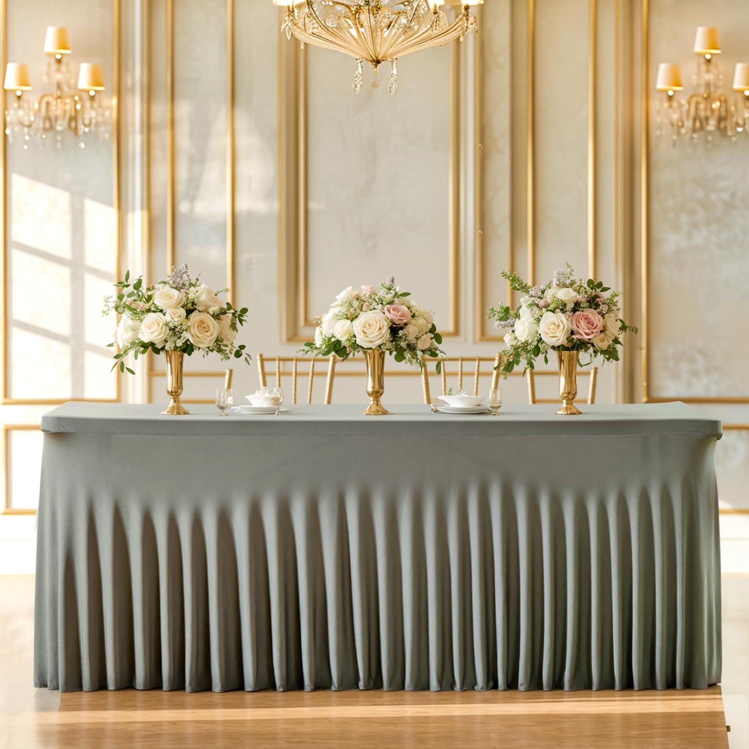 PARTISKY Gray Spandex Tablecloth for 8ft Rectangle Tables