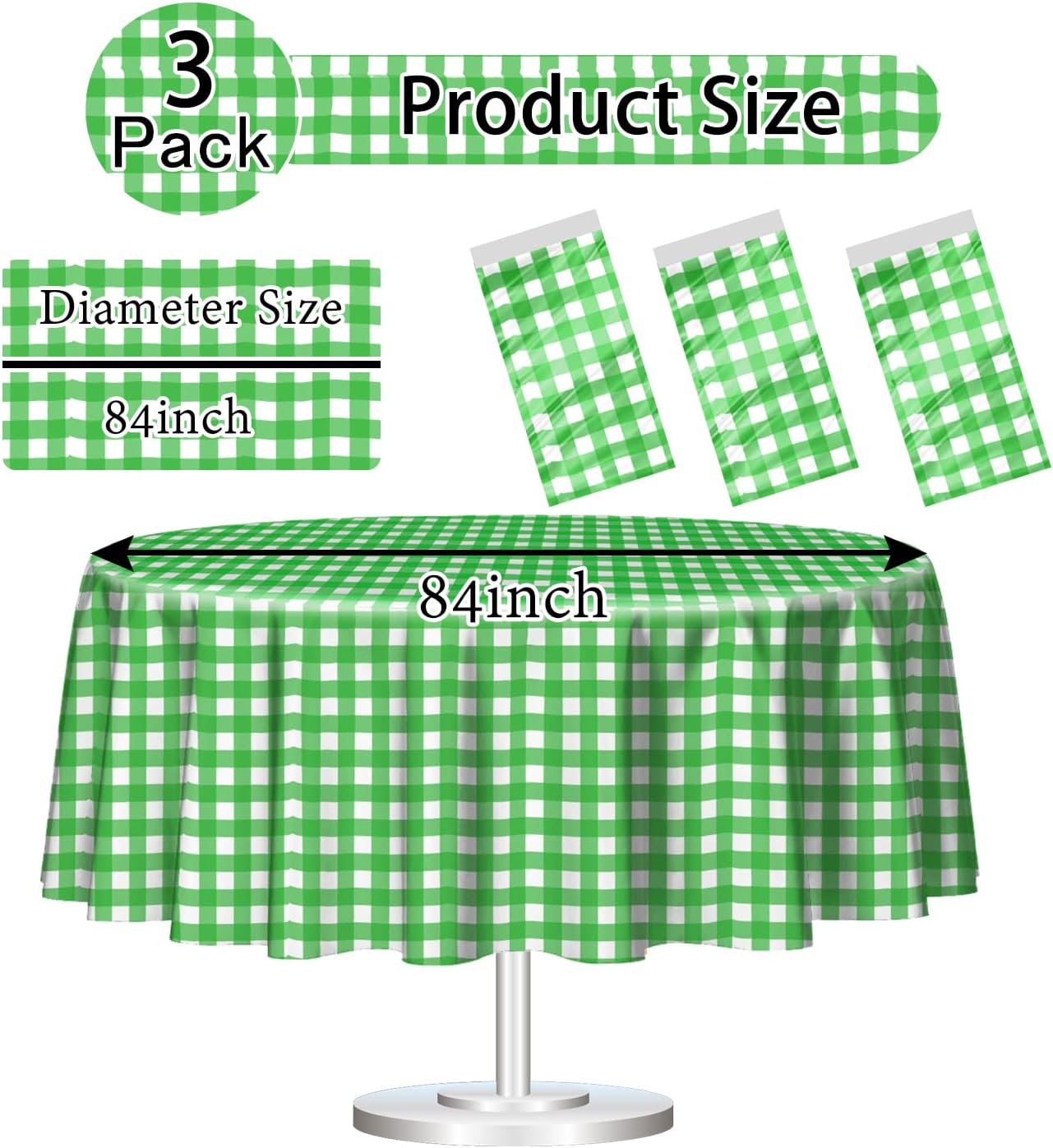 HEIPINIUYE 3 Pack Round Checkered Tablecloth 84x84 Inches