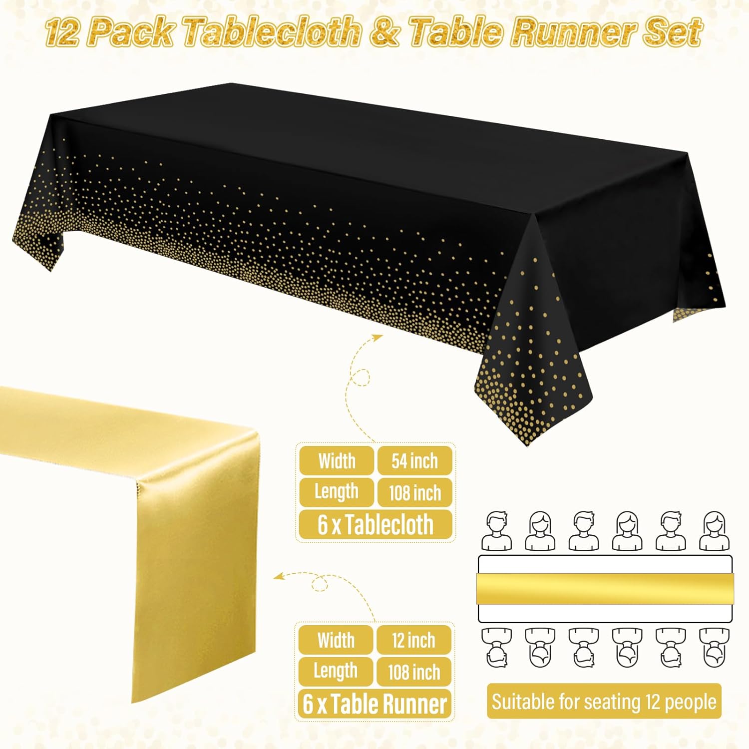 12 Pack Black and Gold Tablecloth and Runner Party Set