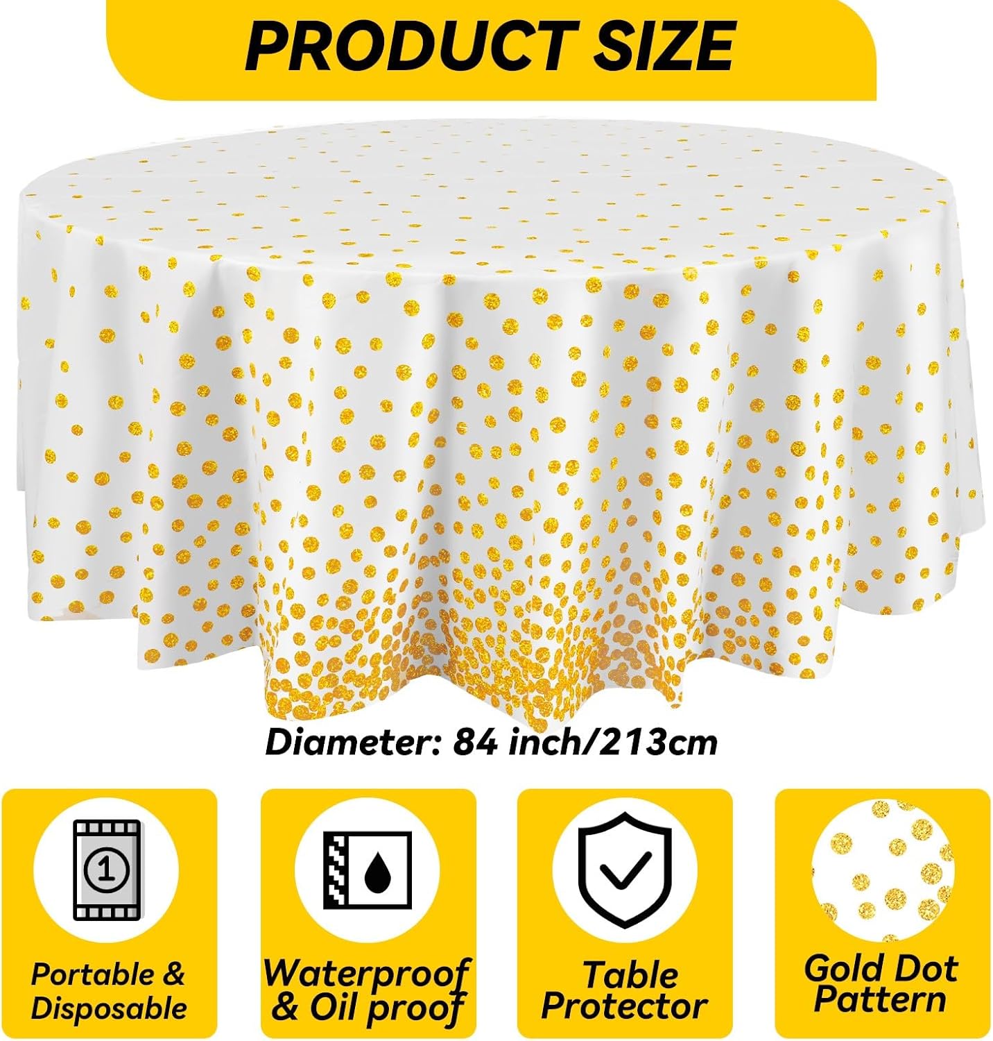 Newwiee 84 Inch Round Dot Tablecloth 3 Pcs White Gold Dots