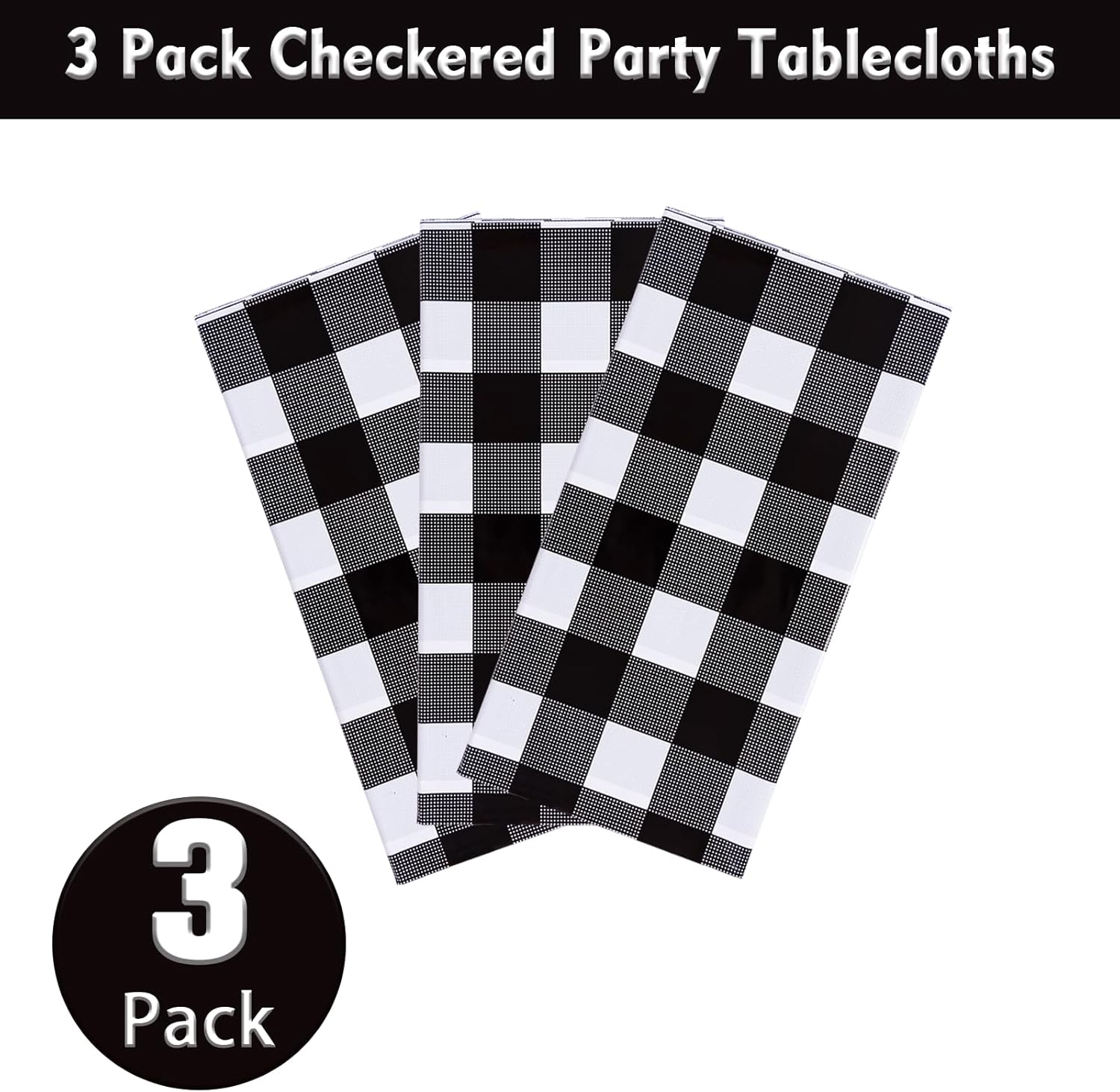 Kesfey 3 Pack Black Gingham Tablecloths 54 x 108 Inch Checkered Waterproof Disposable