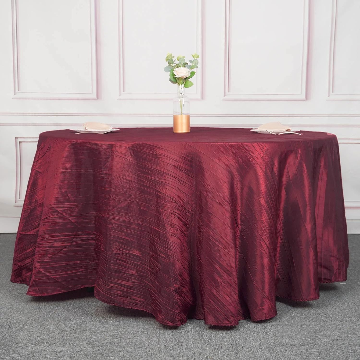 120 Inch Burgundy Accordion Crinkle Taffeta Round Tablecloth