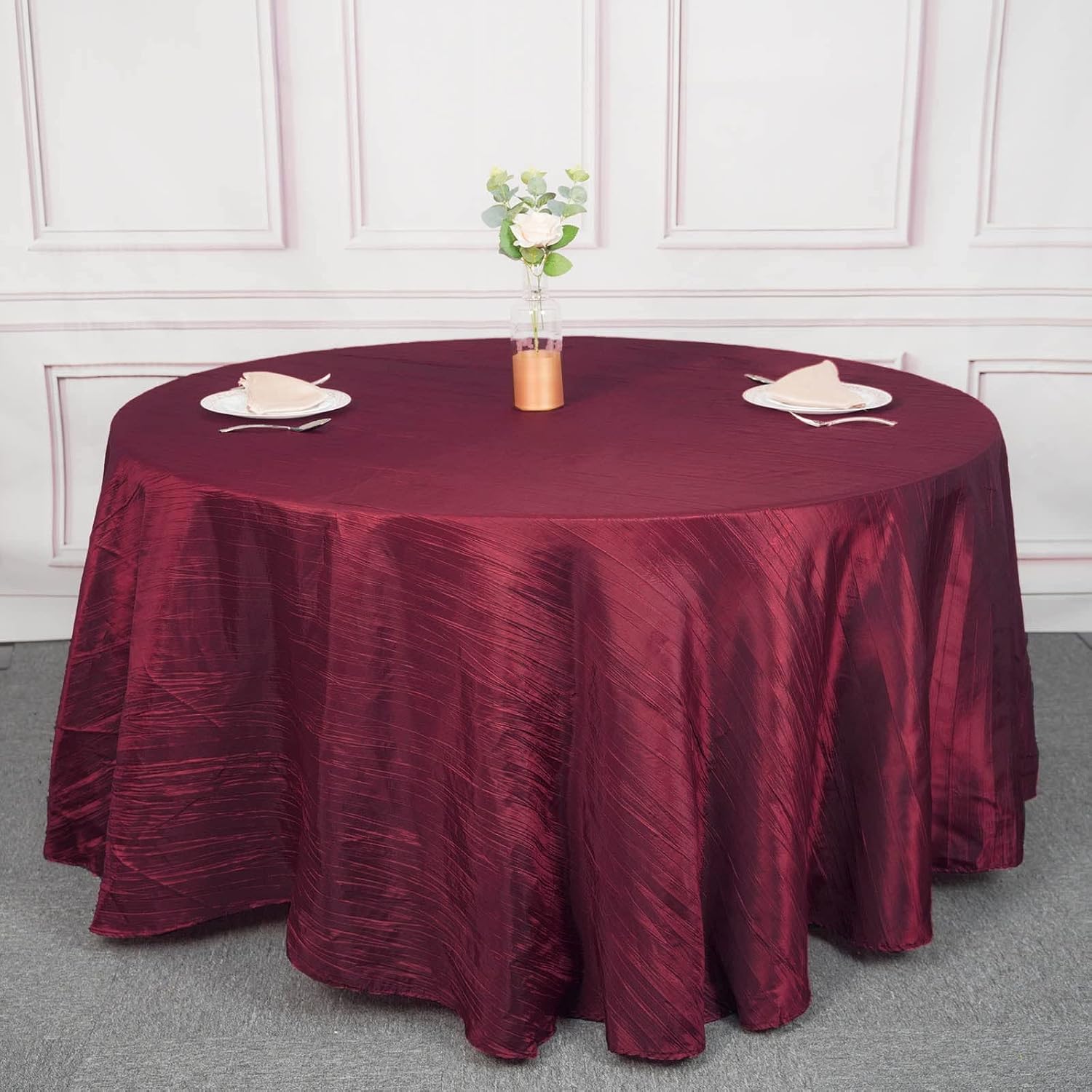 120 Inch Burgundy Accordion Crinkle Taffeta Round Tablecloth