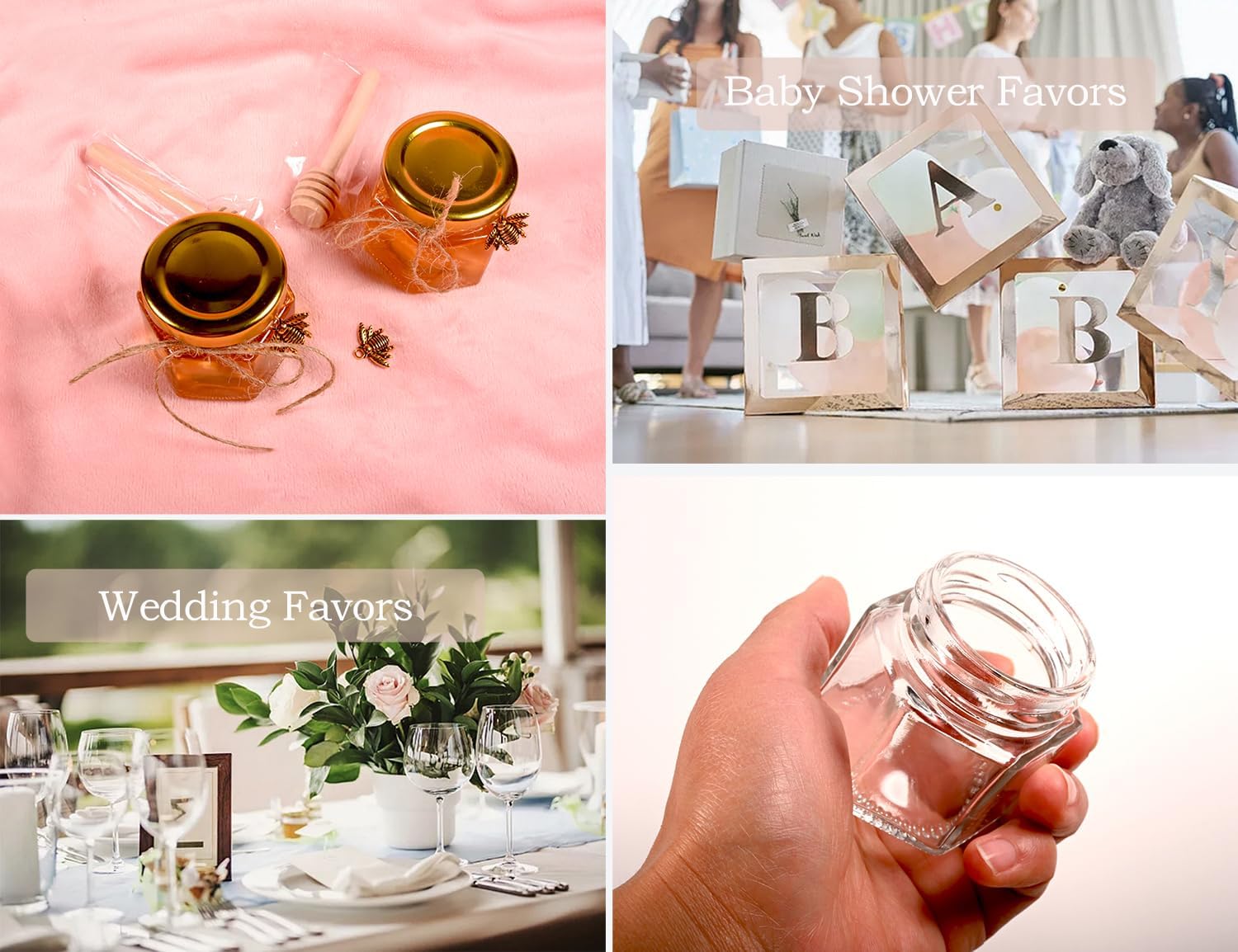 Adabocute Honey Pot 2oz Mini Glass Jars with Wood Dipper Gold Lid Bee Pendants Beige Gift Bags 15 Pack