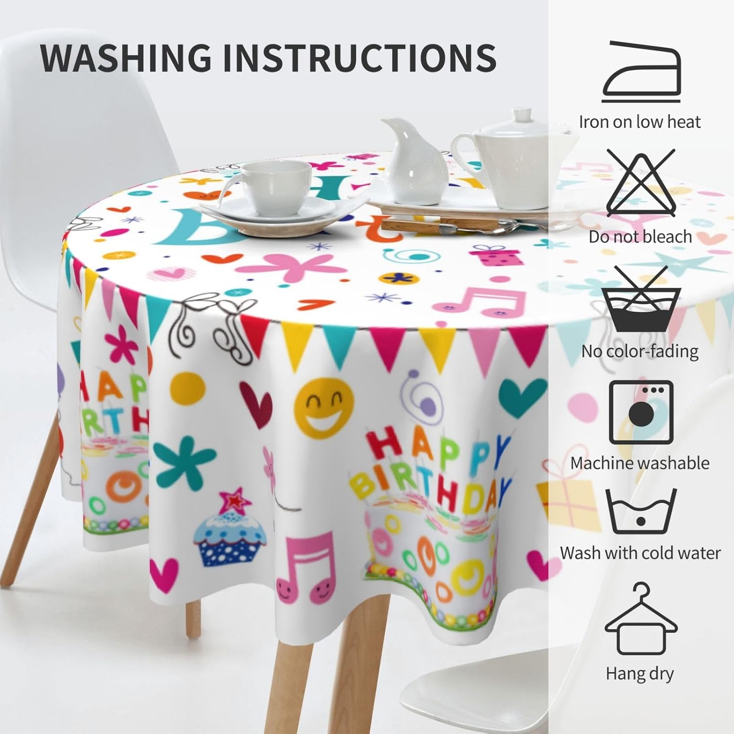 Happy Birthday Round Tablecloth 60 Inch Colorful Cake Balloons Cover