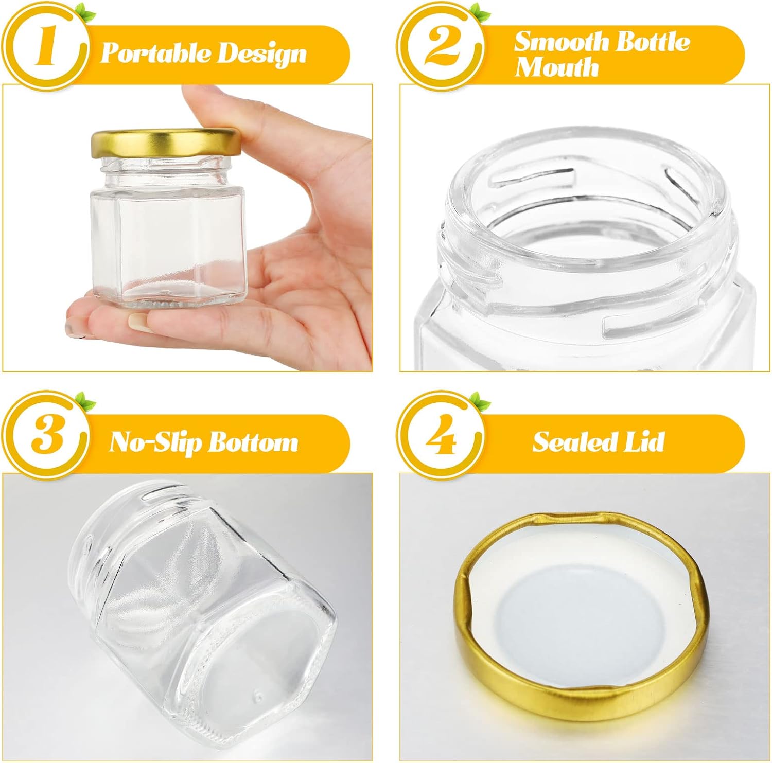 Nuogo 100 Pack Mini Hexagon Glass Jars with Lids