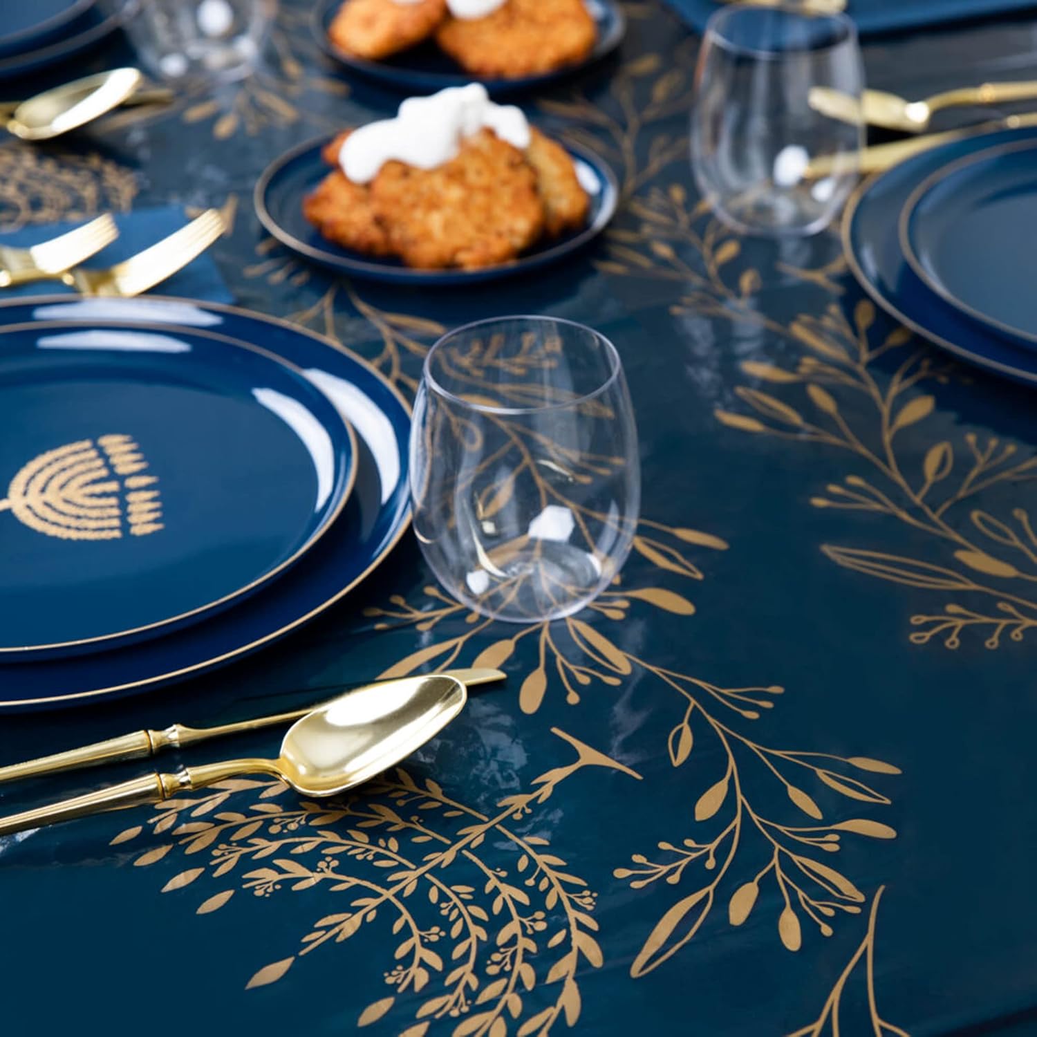 EcoQuality Hanukkah Tablecloth Rectangle Blue Gold 54x108 Inch