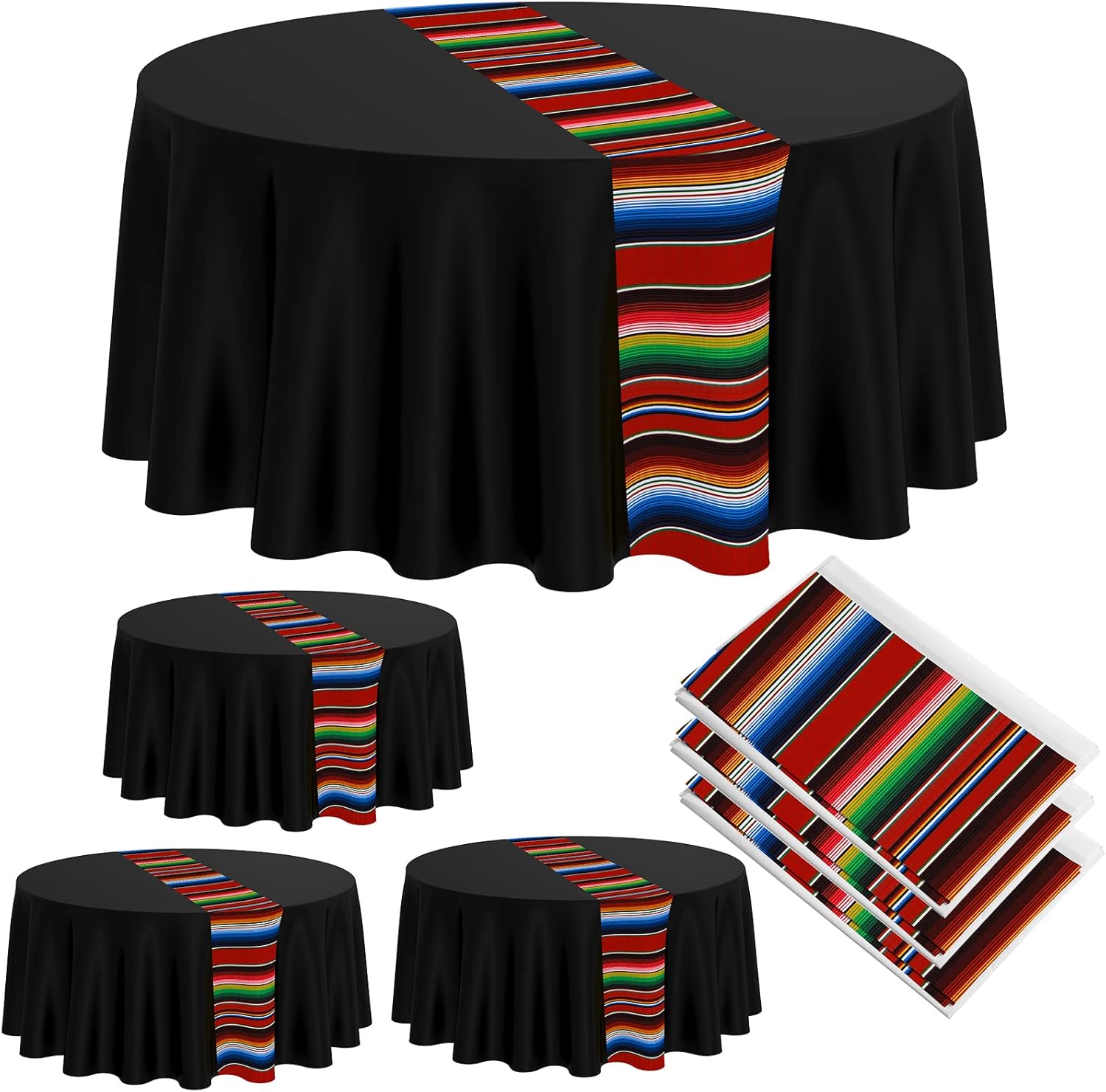 Oudain 6 Pcs Mexican Fiesta Tablecloth 84 Inch Striped Plastic Round Tablecover for Wedding and Party Decorations Black