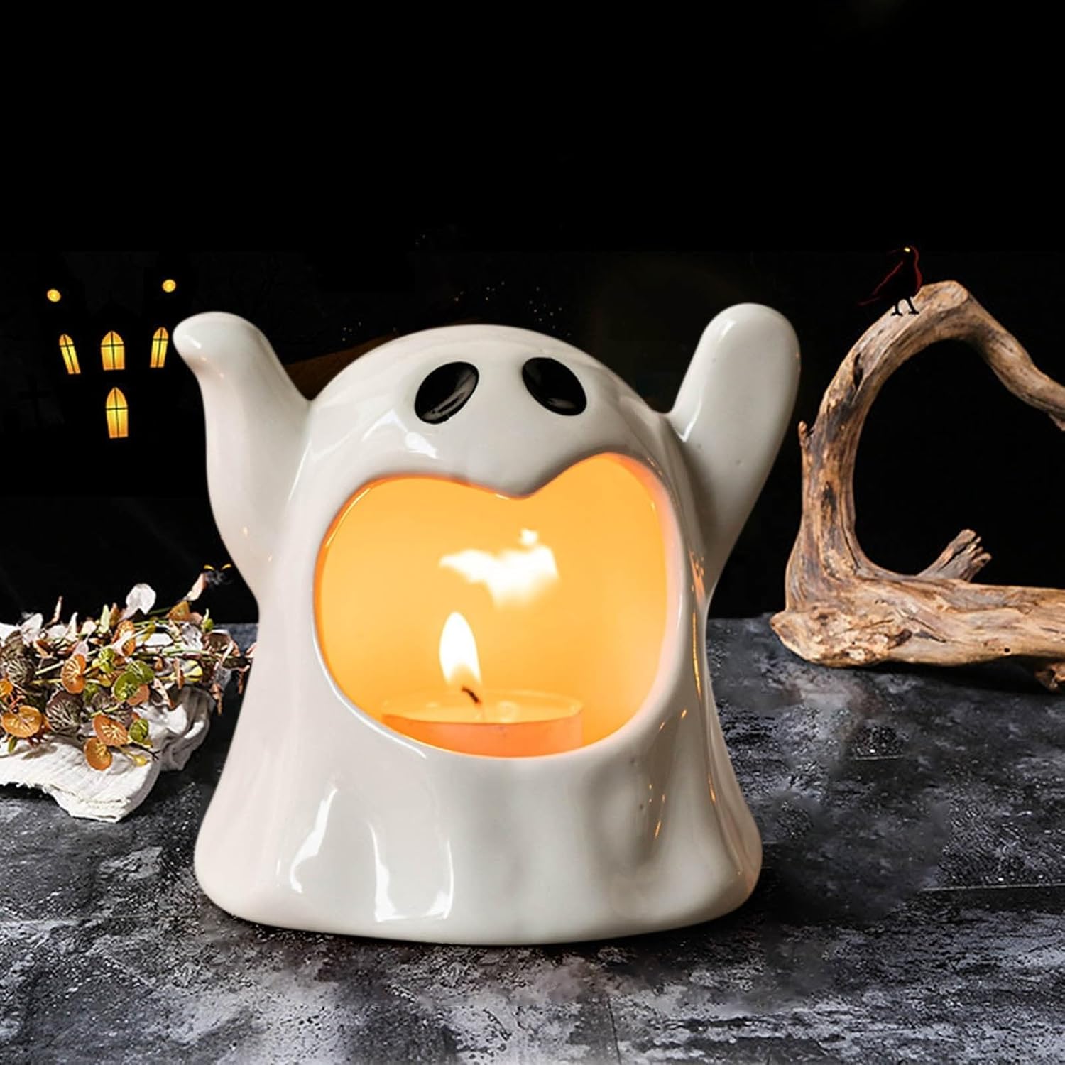Ceramic Halloween Candy Bowl Ghost Candle Holder - 2pcs