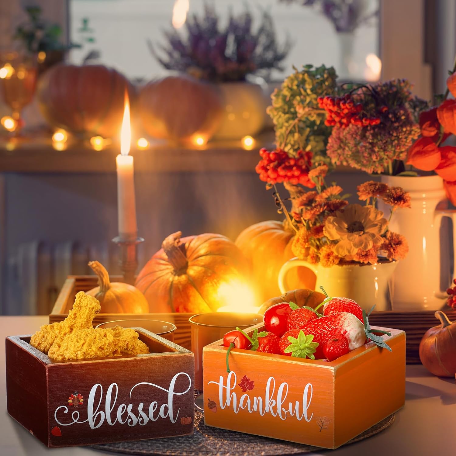 2 Pcs Fall Candy Dish Mini Wooden Autumn Candy Bowl Thanksgiving Harvest Candle Holder Farmhouse Bowls Party Supplies