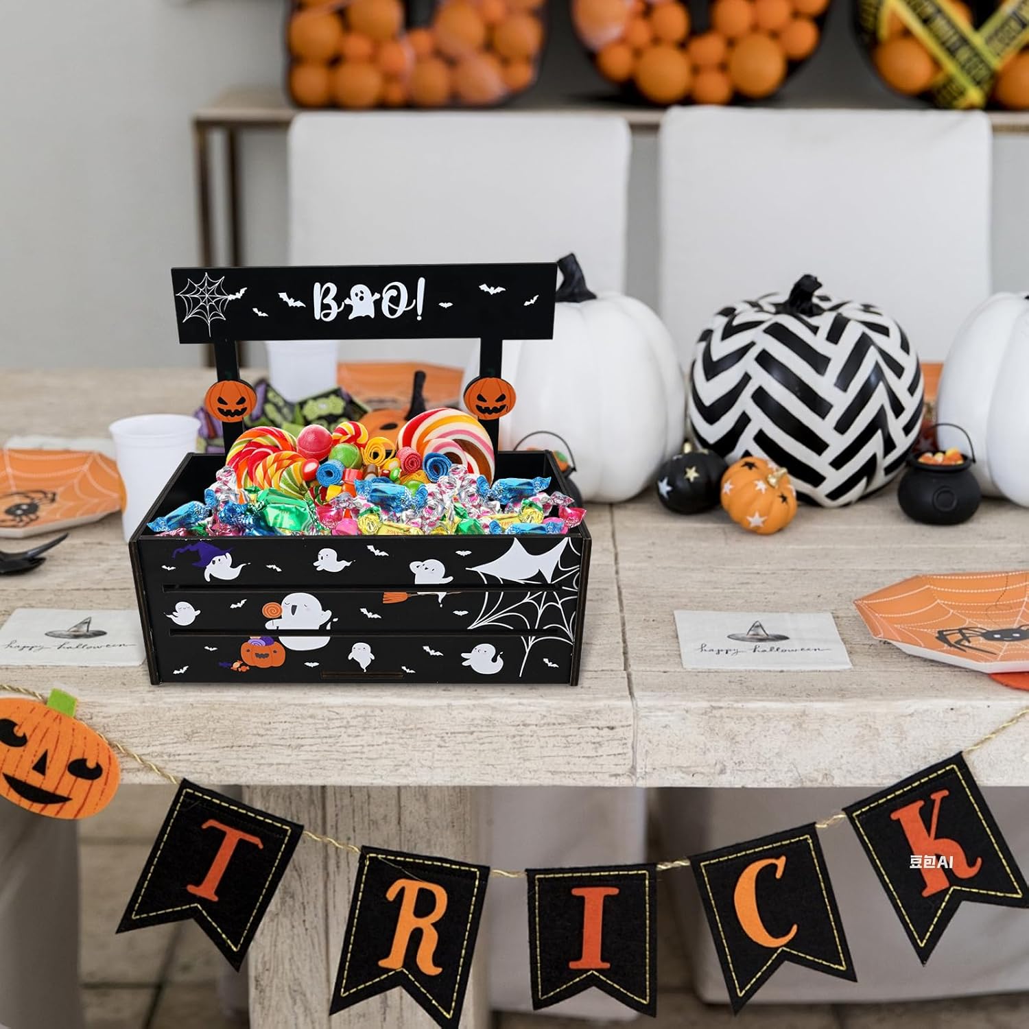 Halloween Candy Bowl Wooden Serving Dish with Ghost Pumpkin Design