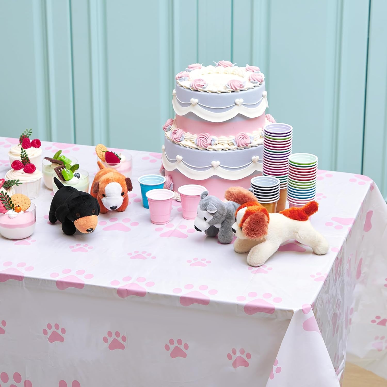 Tatuo 2 Piece Puppy Paw Print Tablecloth Set for Dog Birthday Party Decorations Pink 71 x 54 Inch