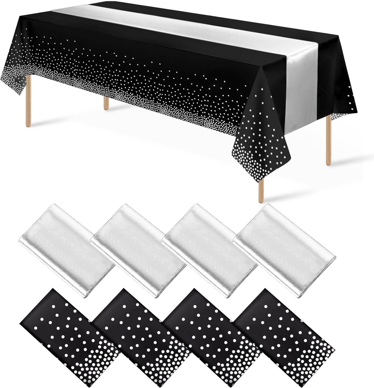 8Pack Black Silver Dot Tablecloths and Satin Runner Set for Events