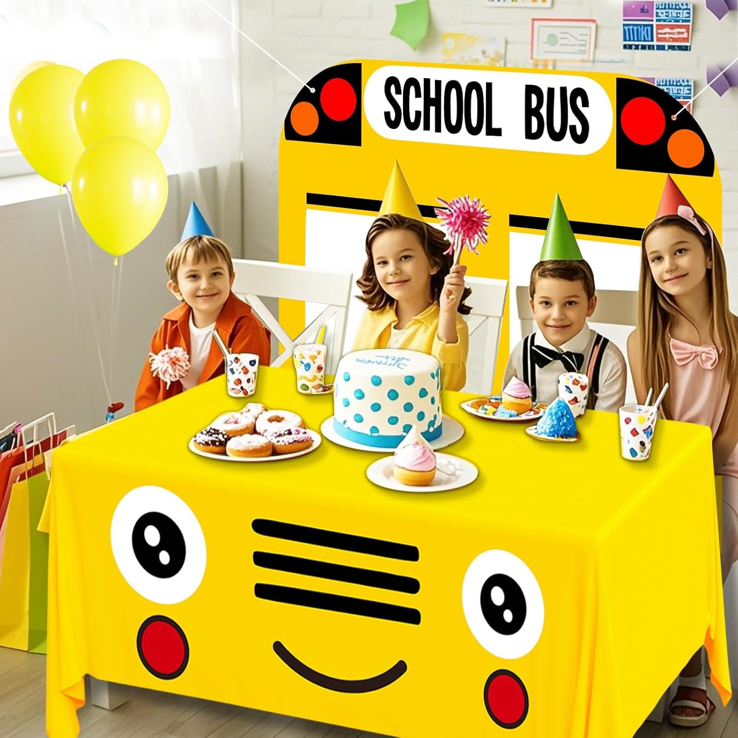 Cumule School Bus Themed Tablecloth and Backdrop Set