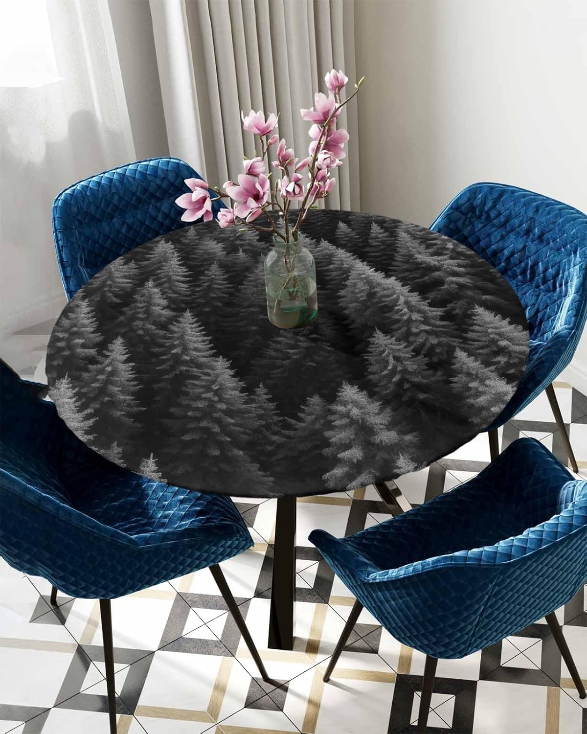 Foggy Forest Round Waterproof Table Cover - Grey Trees Minimalist Design
