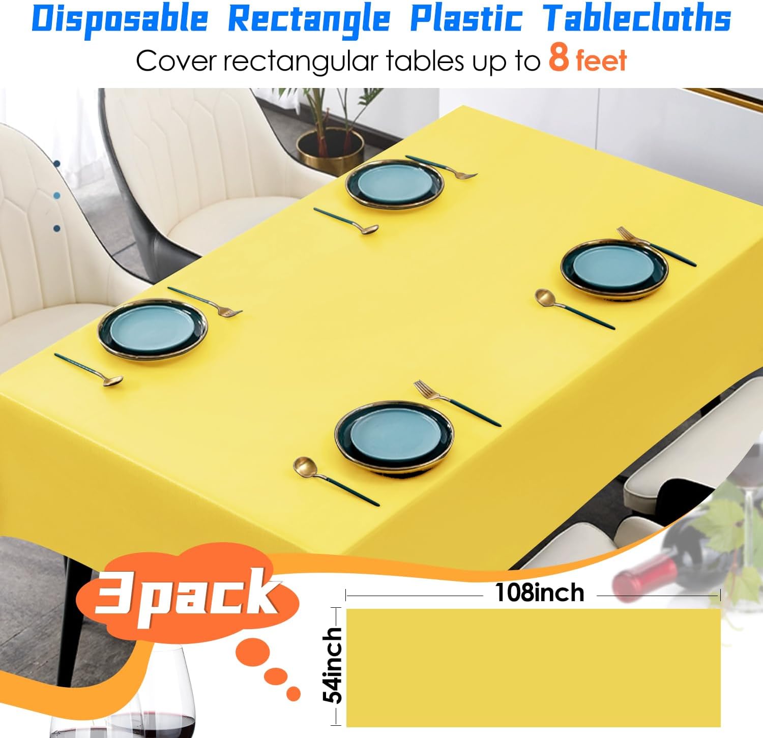 3 Pack Yellow Plastic Tablecloths for Parties 54x108 Inch Rectangular Table Covers